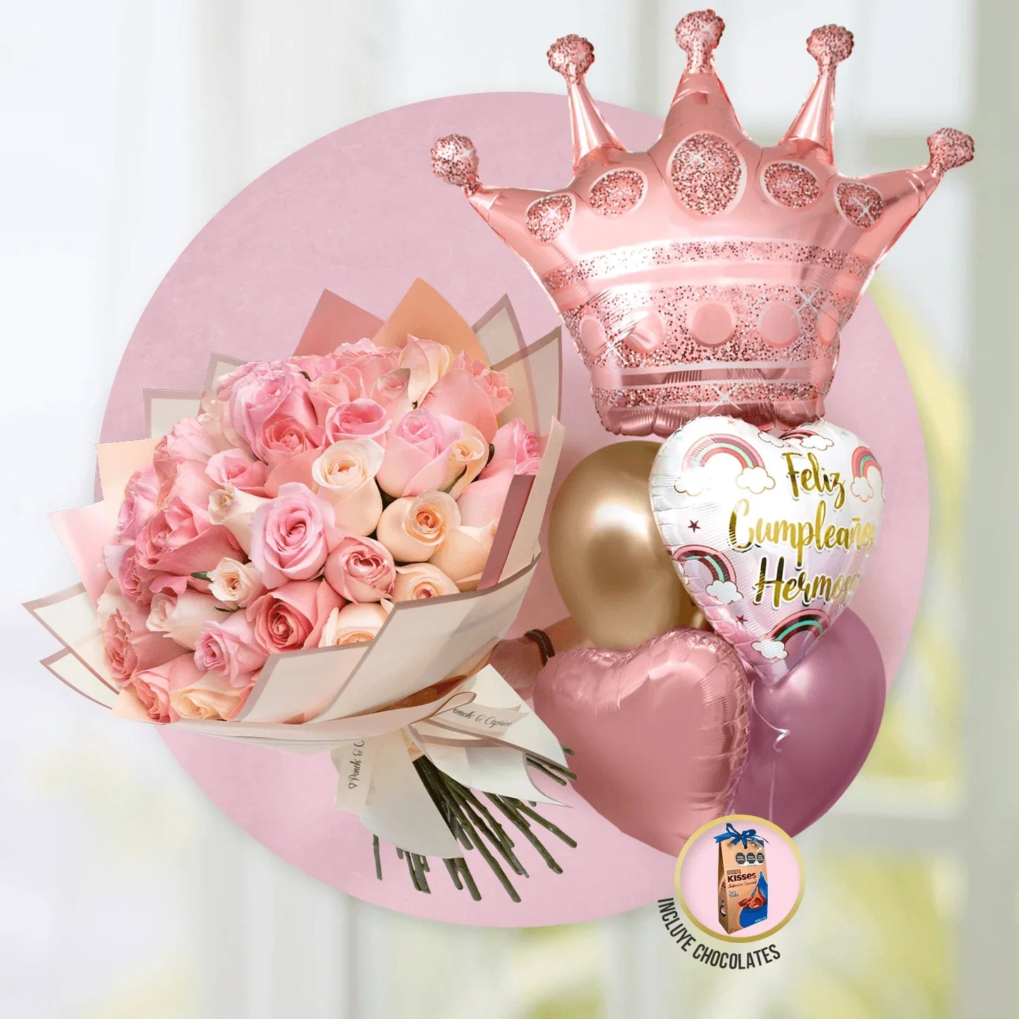 50 Rosas Hermosa, Caricia y Señorita en ramillete + Bouquet de Cumpleaños -Corona Hermosa- -SET055-