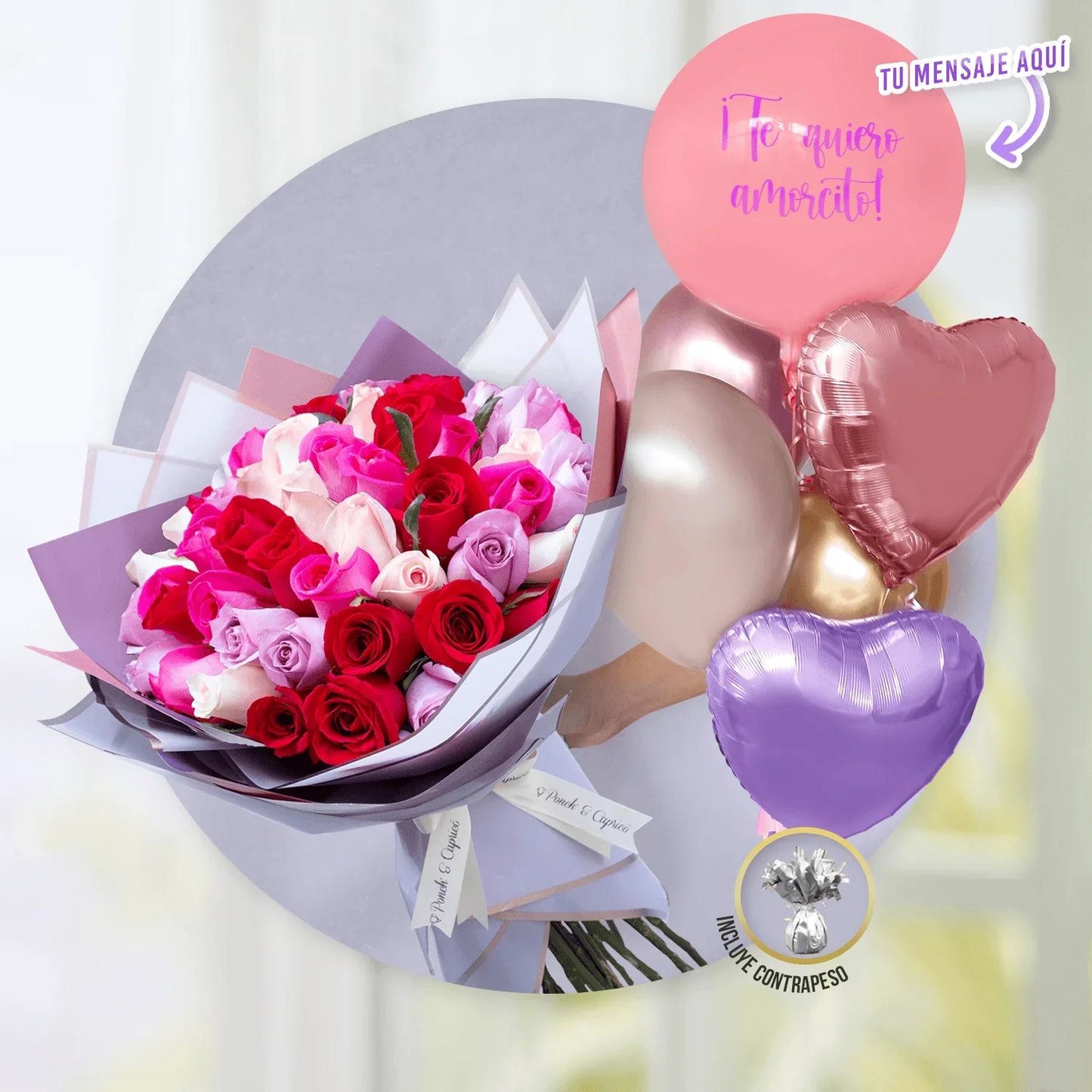 50 Rosas Rosa Pálido, Lilas, Magenta y Rojas en Ramillete + Bunch de Globos con Helio personalizado - Happy Birthday - -SET059-