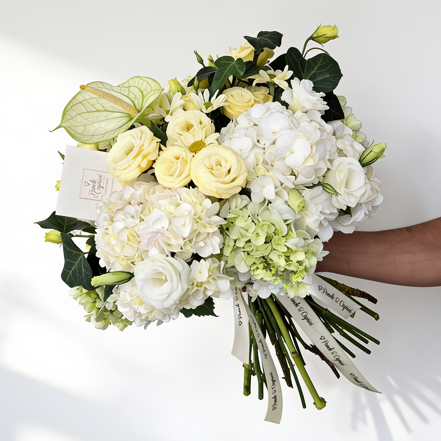 Arreglo de hortensias blancas y verdes, lisianthus crema y anturio verde en florero de vidrio | flores a domicilio CDMX