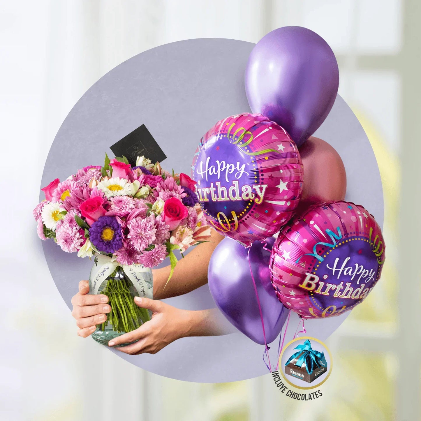 Arreglo floral + Bouquet de Globos ¡Feliz Cumpleaños! -SET022-