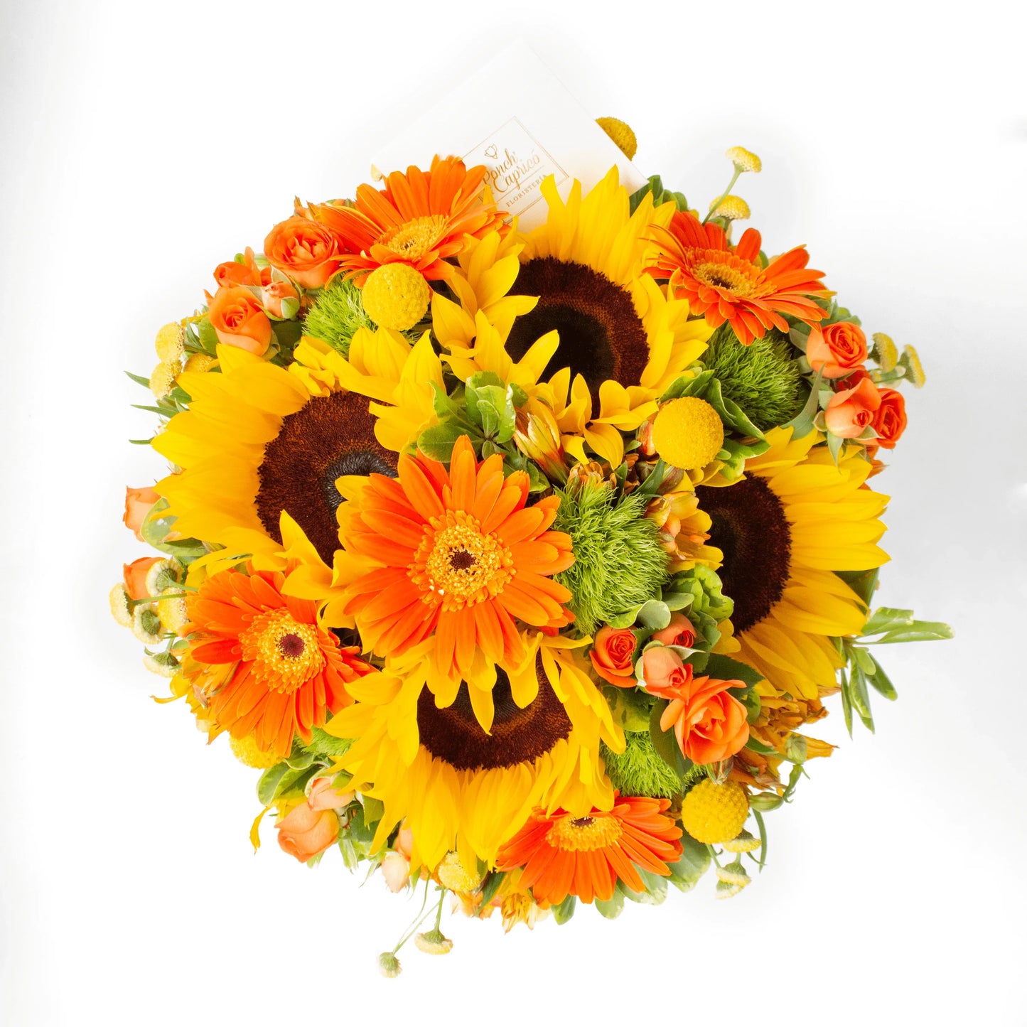 Arrangement de tournesol floral, gerberas orange, mini roses orange et alstromelia jaune + bouquet de ballons gonflés avec de l'hélium -set074-