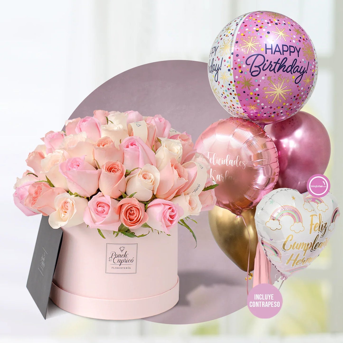 Arreglo Floral de Rosas Rosadas Mix en Domo con Bunch de Globos con Helio personalizado - Stars Birthday - -SET060-