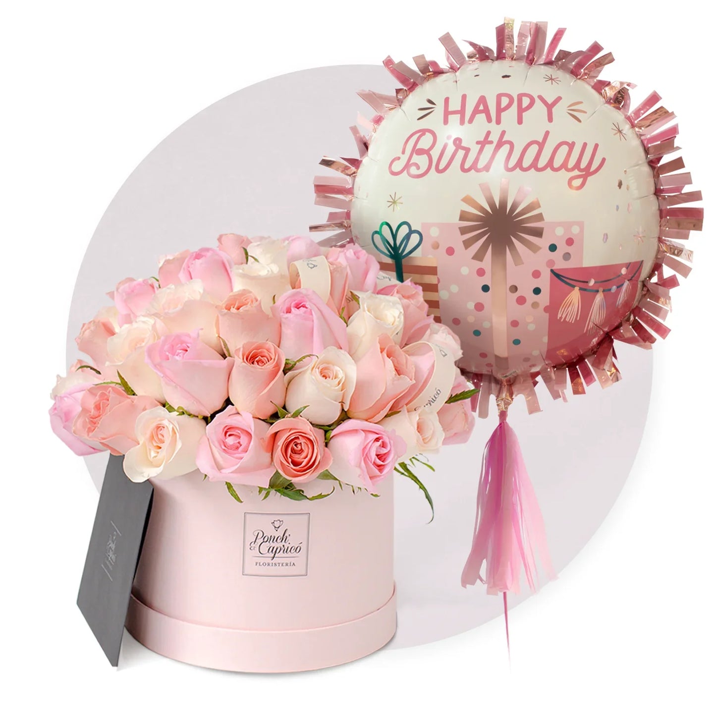 Arrangement floral de rose rose dans le dôme avec un tas de balos avec l'hélium personnel - anniversaire des étoiles - -set060-