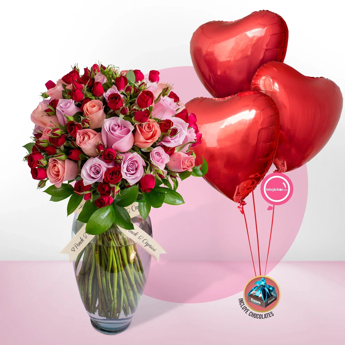 Arreglo Floral de Rosas Rosadas, Náutica y Mini Rosas Rojas + Bouquet de Globos Inflados con Helio -SET096-