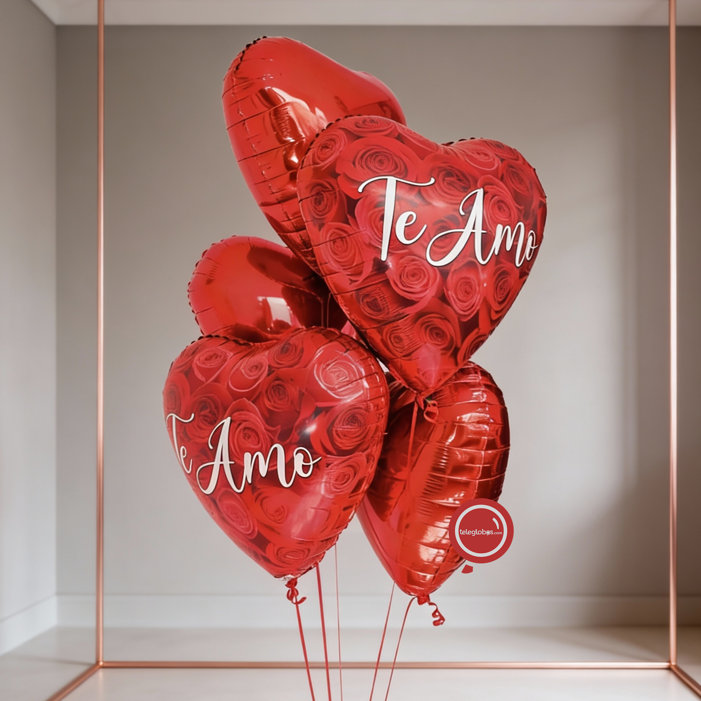 Bouquet de Globos de Amor Inflados con Helio - Te amo (con fondo de Rosas Rojas)