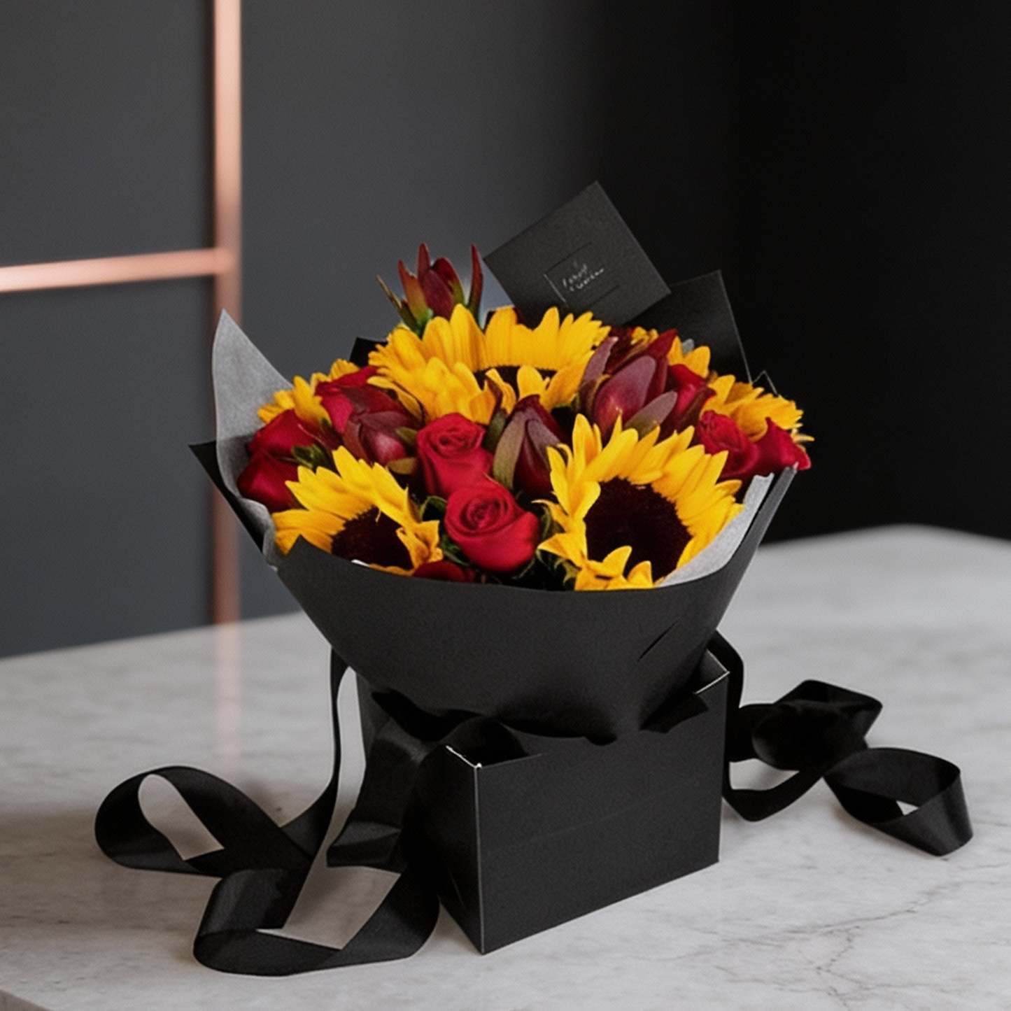 Bouquet Girasoles, Rosas Rojas y Safari. Flores a Domicilio CDMX Ponch y Caprico.