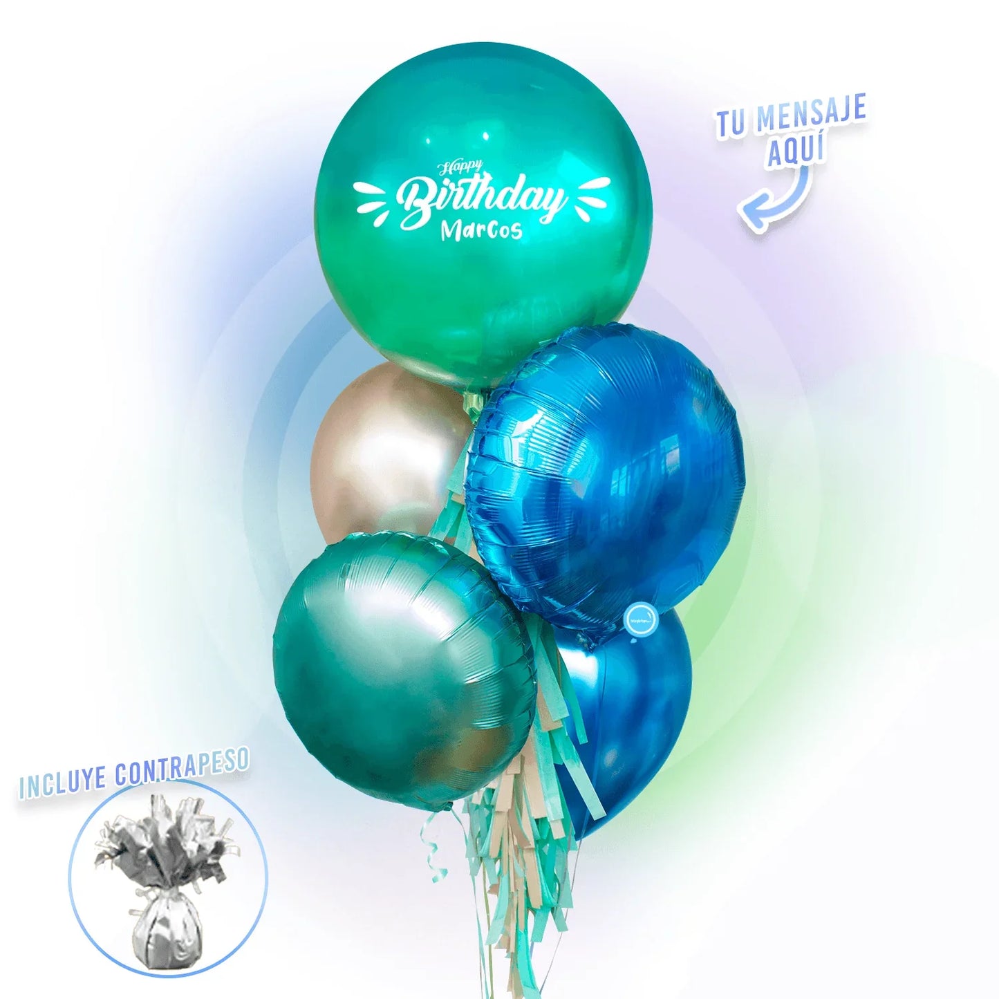 Bunch de Globos Inflados con Helio -Ombré Green & Blue-