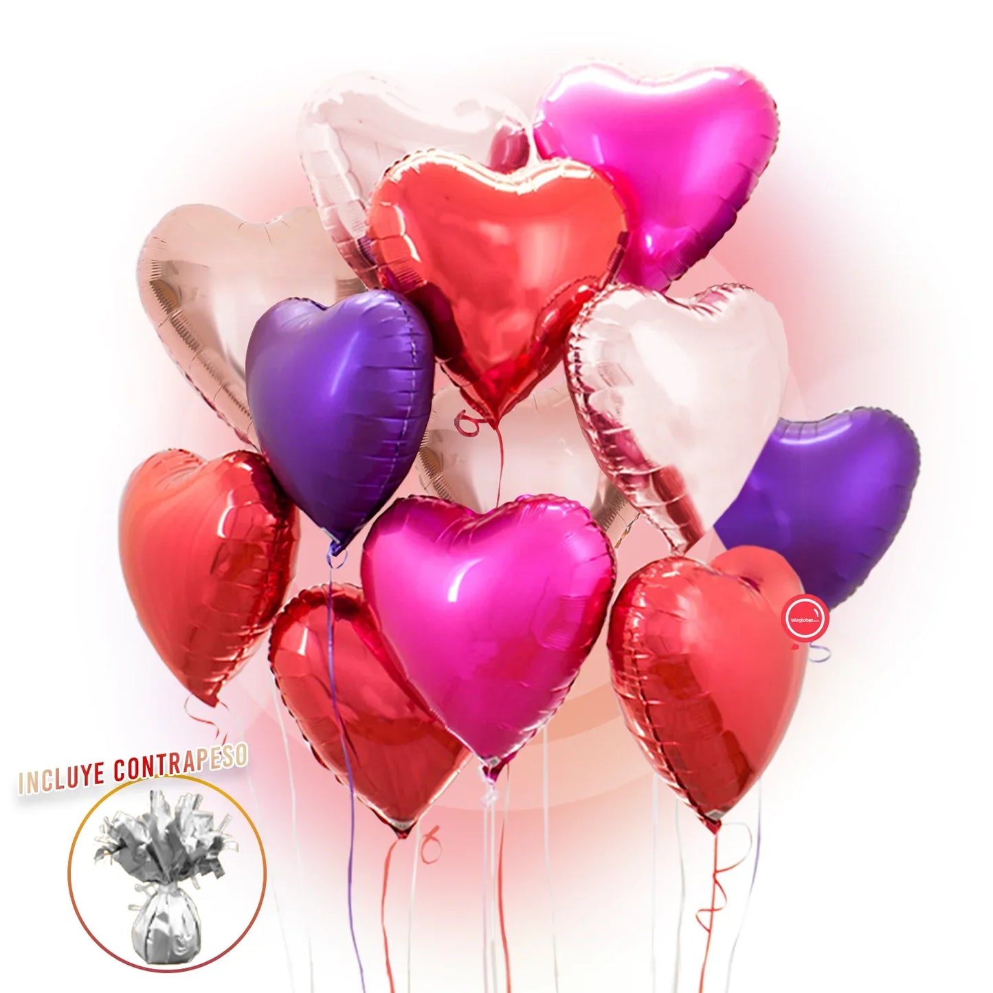 Docena de Globos de Corazón Rosas y Morado con Helio - Florerias cerca de mi