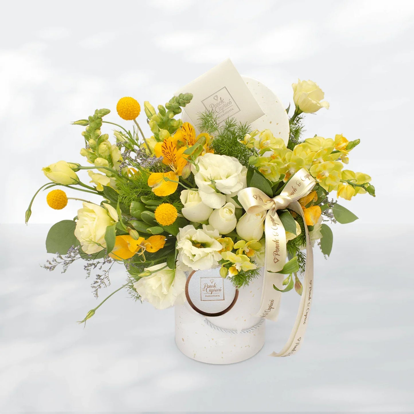 Domo Petit de Rosas Blancas, Mini Orquídeas Amarillas y Lisianthus Crema