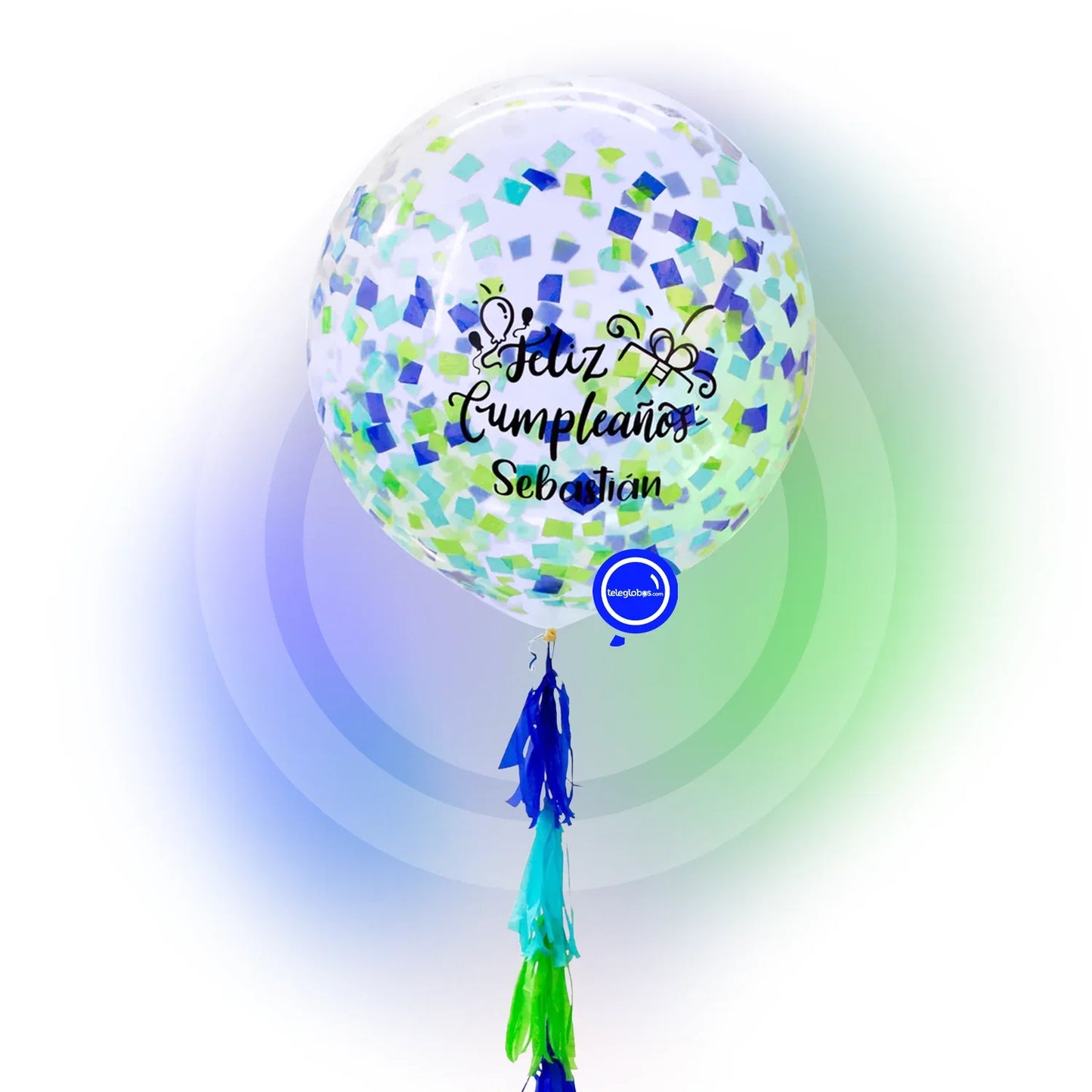 Globo grande/gigante personalizado con confetti -con helio- Azul/Verde Eco