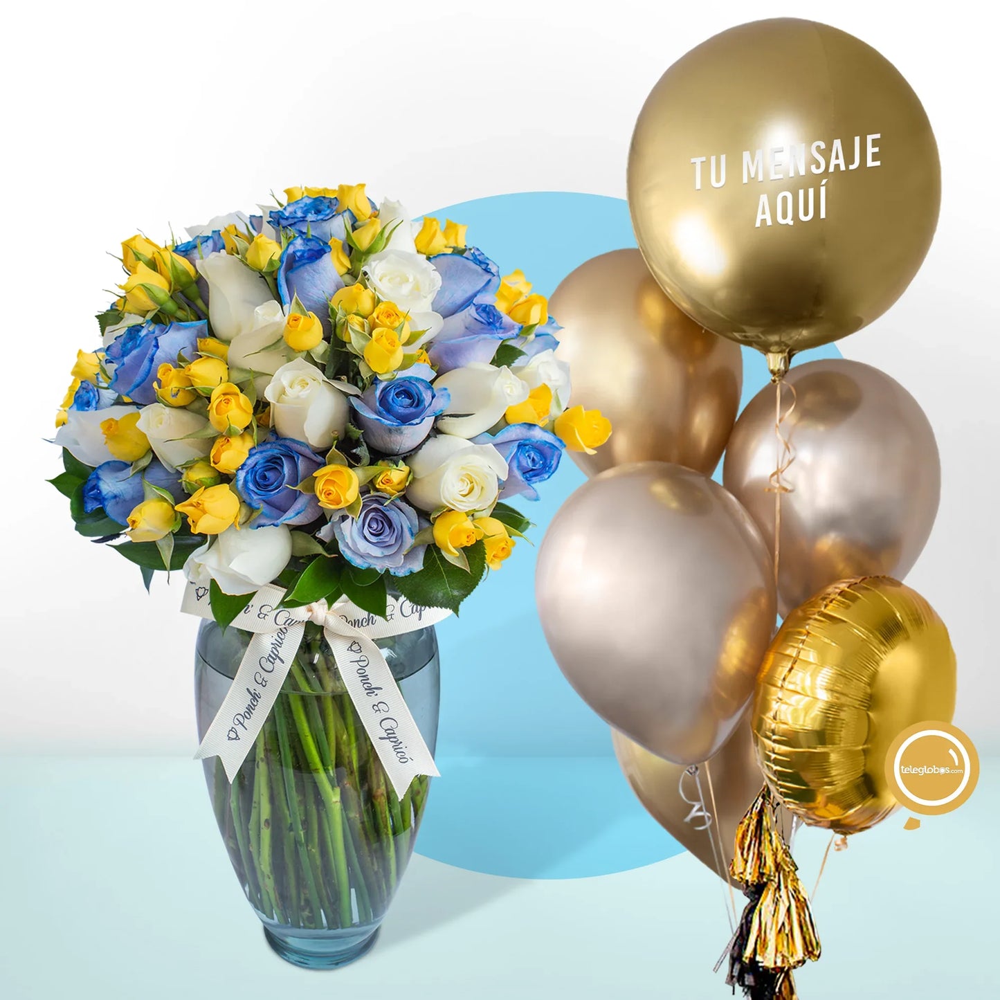 Strauß blauer, weißer und kleiner gelber Rosen + personalisierter, mit Helium aufgeblasener Ballon -SET101-