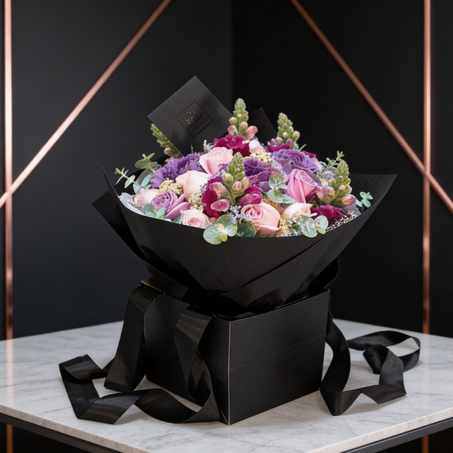 Mix lila y rosa con Rosas, Eucalipto, Limonio y Aquilea. Flores CDMX DF Mexico Ponch y Caprico