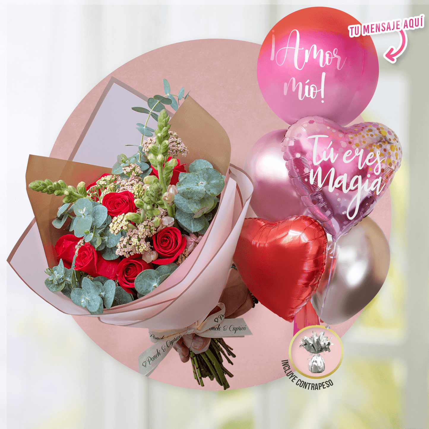 Ramillete de Rosas Rojas, Aquilea Melón y Dragón Rosa Perrito + Bunch de Globos con Helio -Tú eres magia- -SET058-