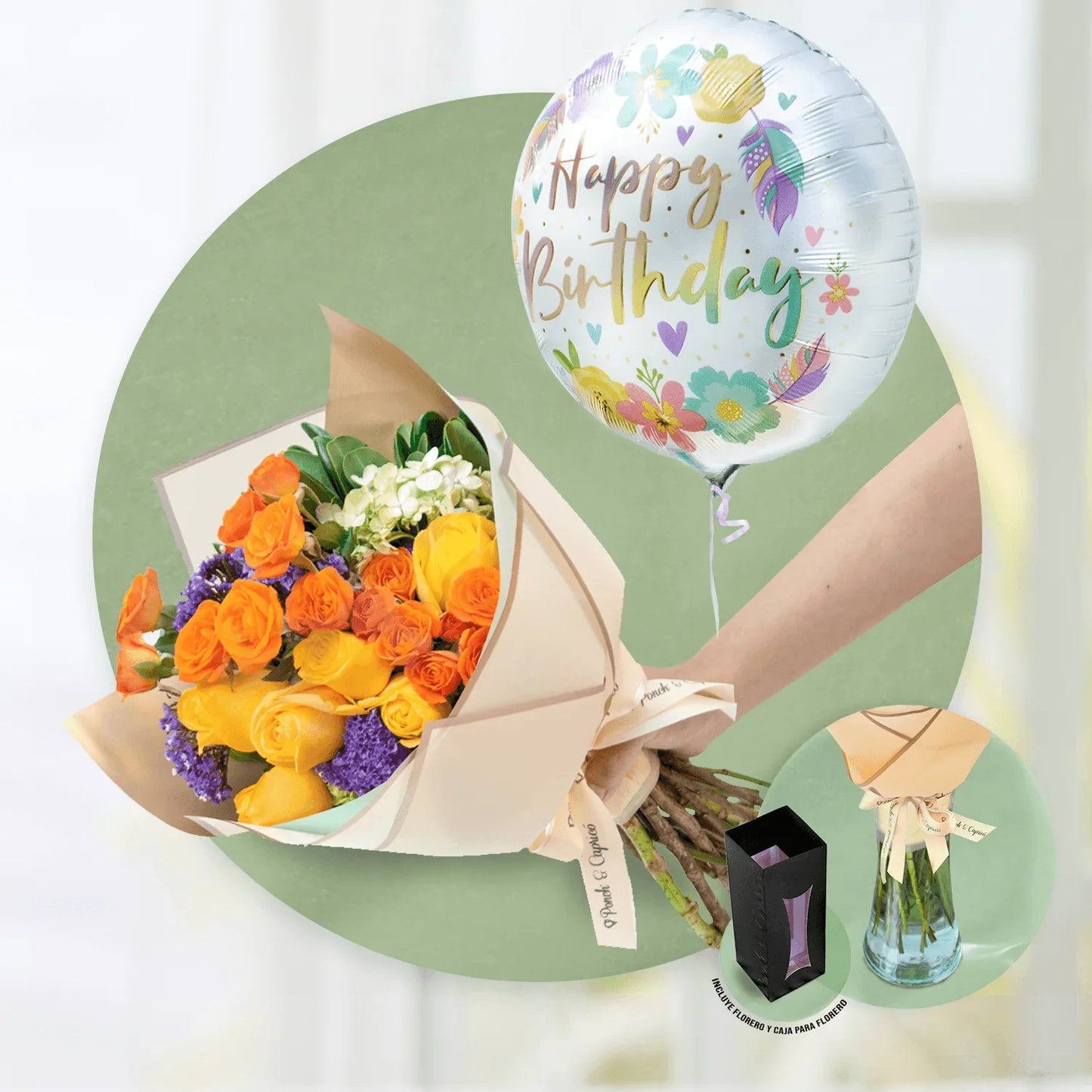 Ramillete de Rosas, Mini Rosas y Hortensias + Globo Happy Birthday Flores Multicolor 18" -SET039-