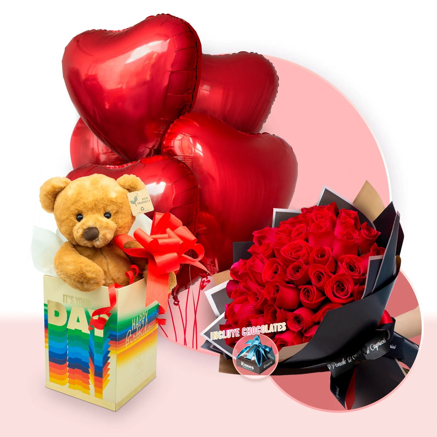 Ramillete de 50 rosas rojas + Bouquet de Globos Inflados con Helio + Oso de Peluche - SET083 -