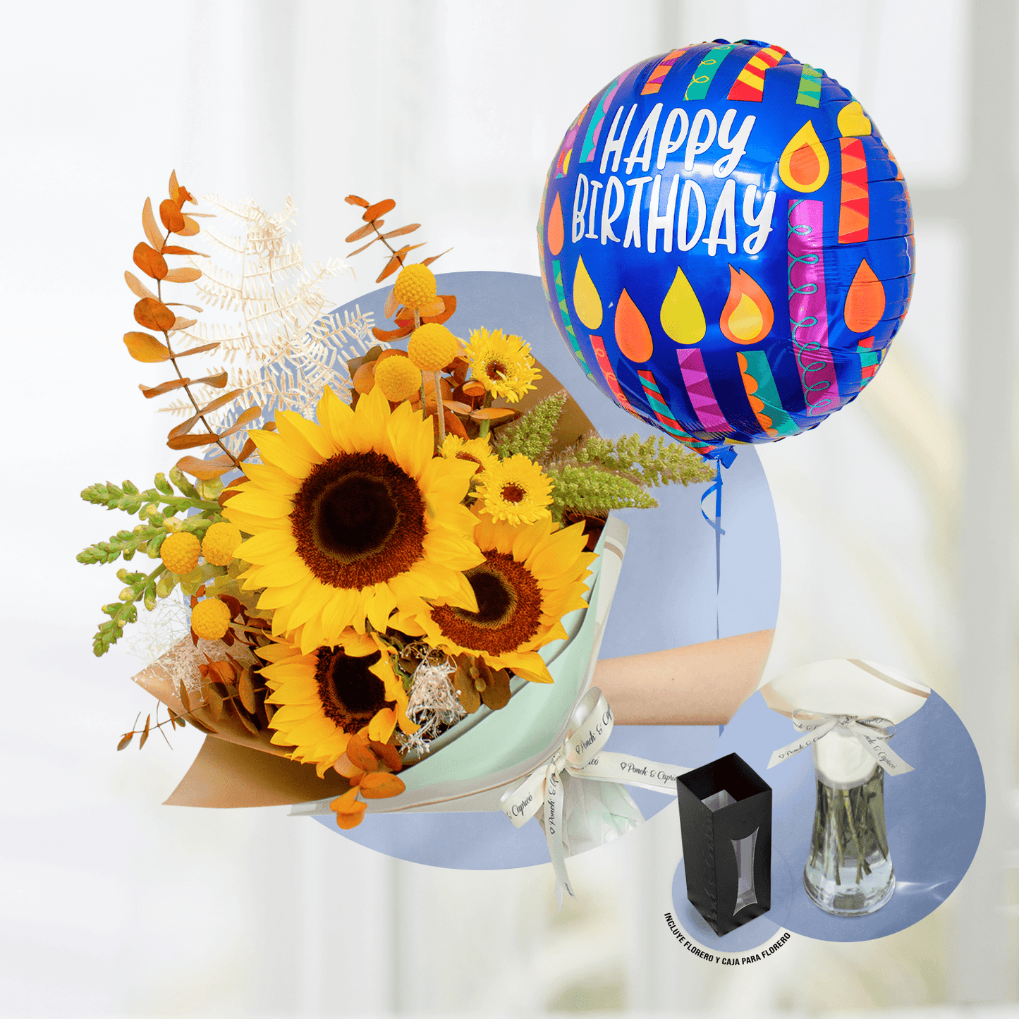 Ramo de Girasoles y Gerberas con Globo de cumpleaños -SET080-