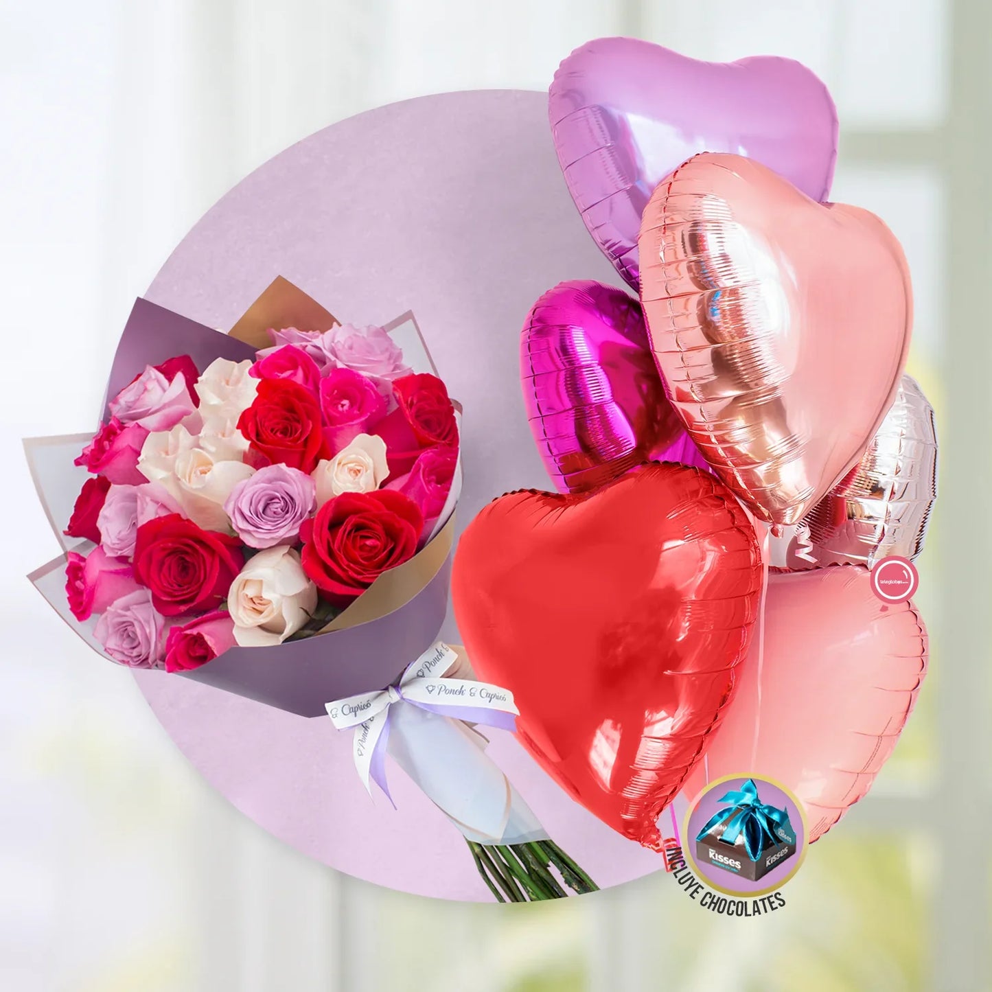 Ramo de 24 Rosas Moradas (Lila), Rosa Pálido, Magenta y Rojas + Media Docena de Corazones Mix Inflados con Helio - SET085 -