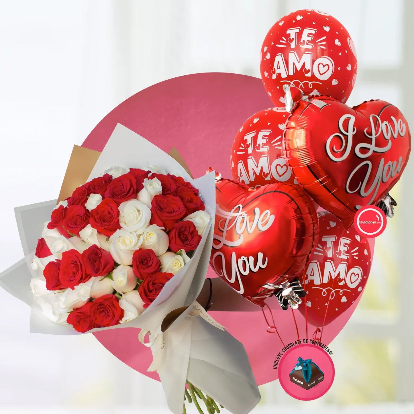 Ramo de 50 Rosas Rojas y Blancas con Globos Te Amo -SET011-