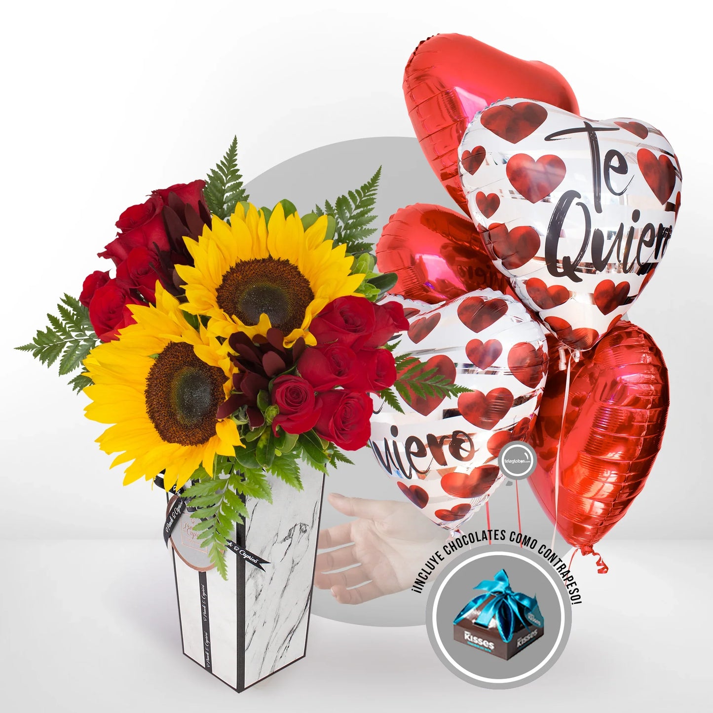 Arreglo de Rosas con Girasoles y Safari + Bouquet de Globos de Amor -SET123-