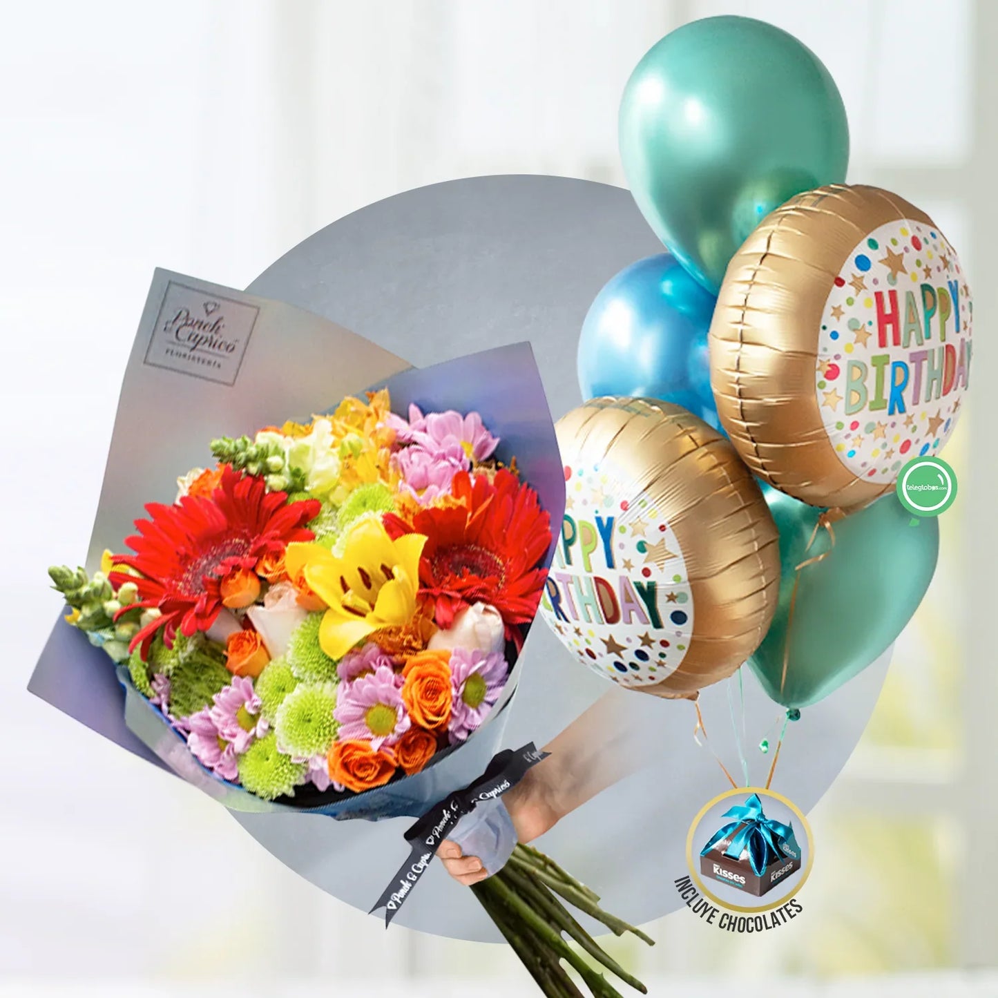 Ramo de Lilis, Rosas y Gerberas con Globos Happy Birthday Gold -SET018-