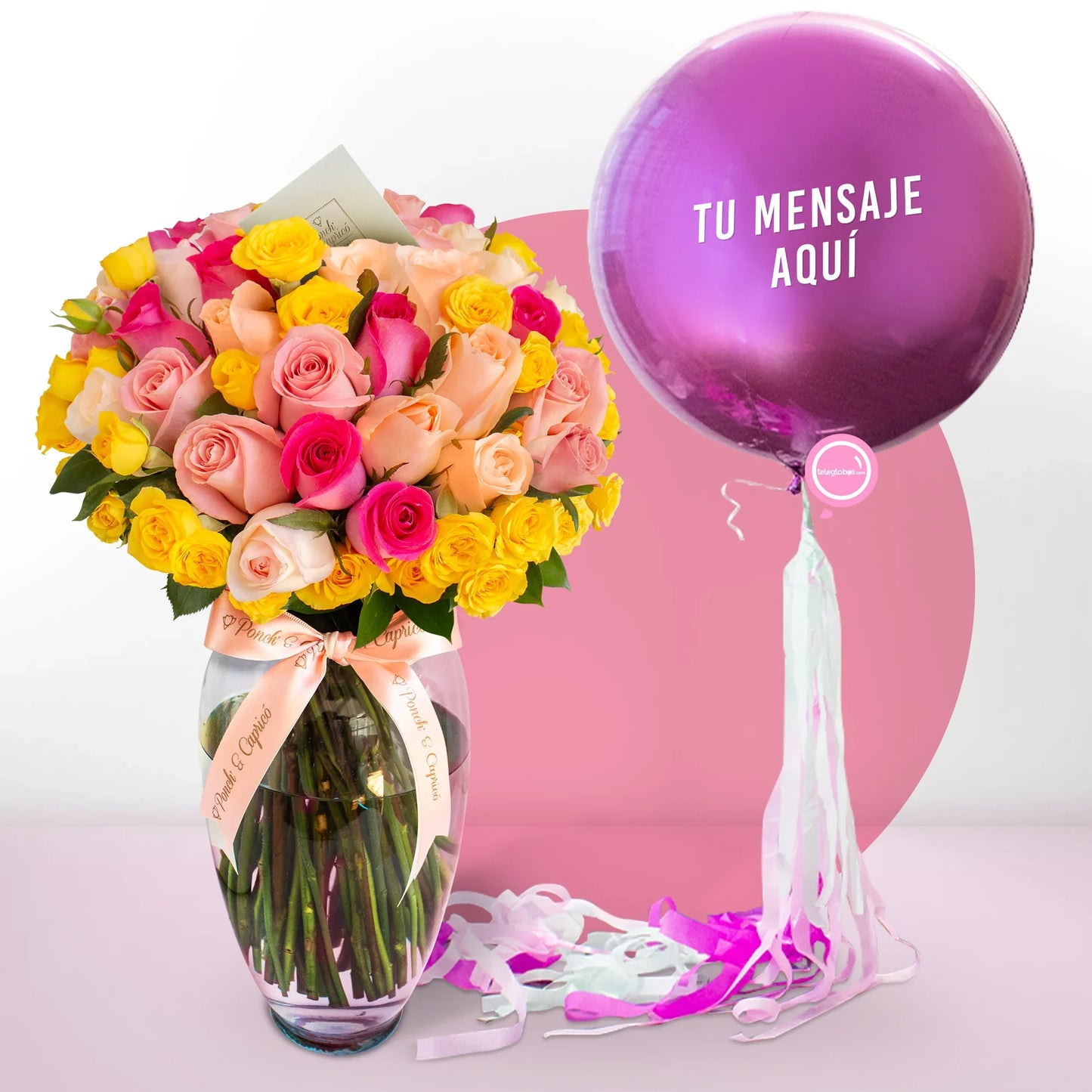 Bouquet de Roses Mixtes Jaunes et Roses + Ballon Personnalisé Gonflé à l'Hélium -SET097-