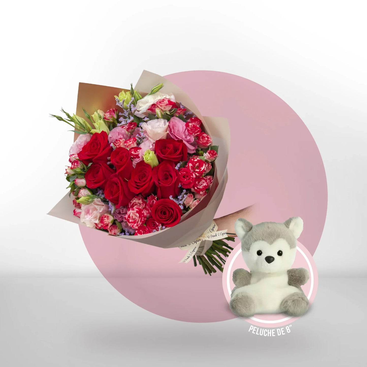 Ramo de Rosas Rojas, Mini Rosas y Lisianthus + Peluche Perro Busky Husky -SET120-