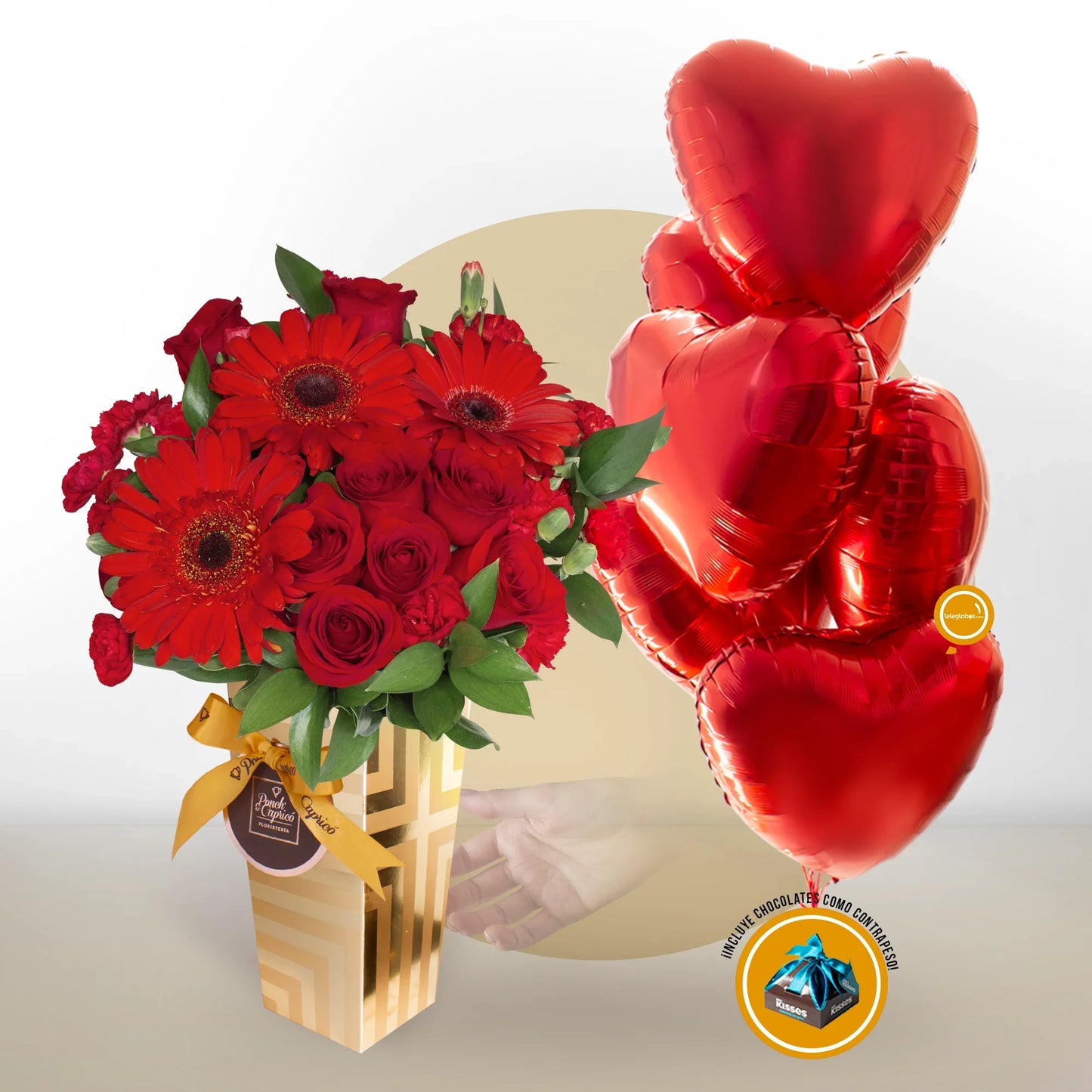 Arreglo de Rosas Rojas y Gerberas + Media Docena de Globos de Corazón -SET121-