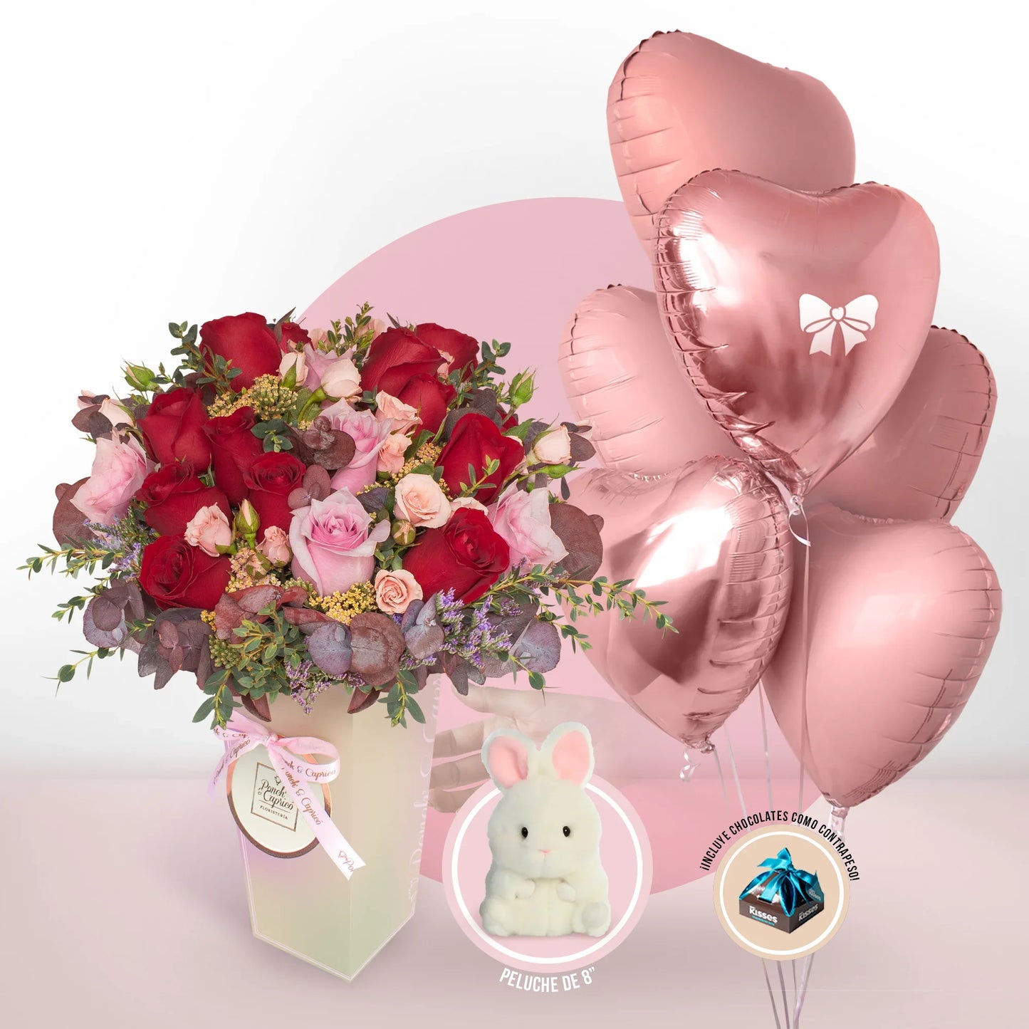 Ramo de Rosas con un Bouquet de Globos de Amor y un Peluche - Envío de flores cdmx