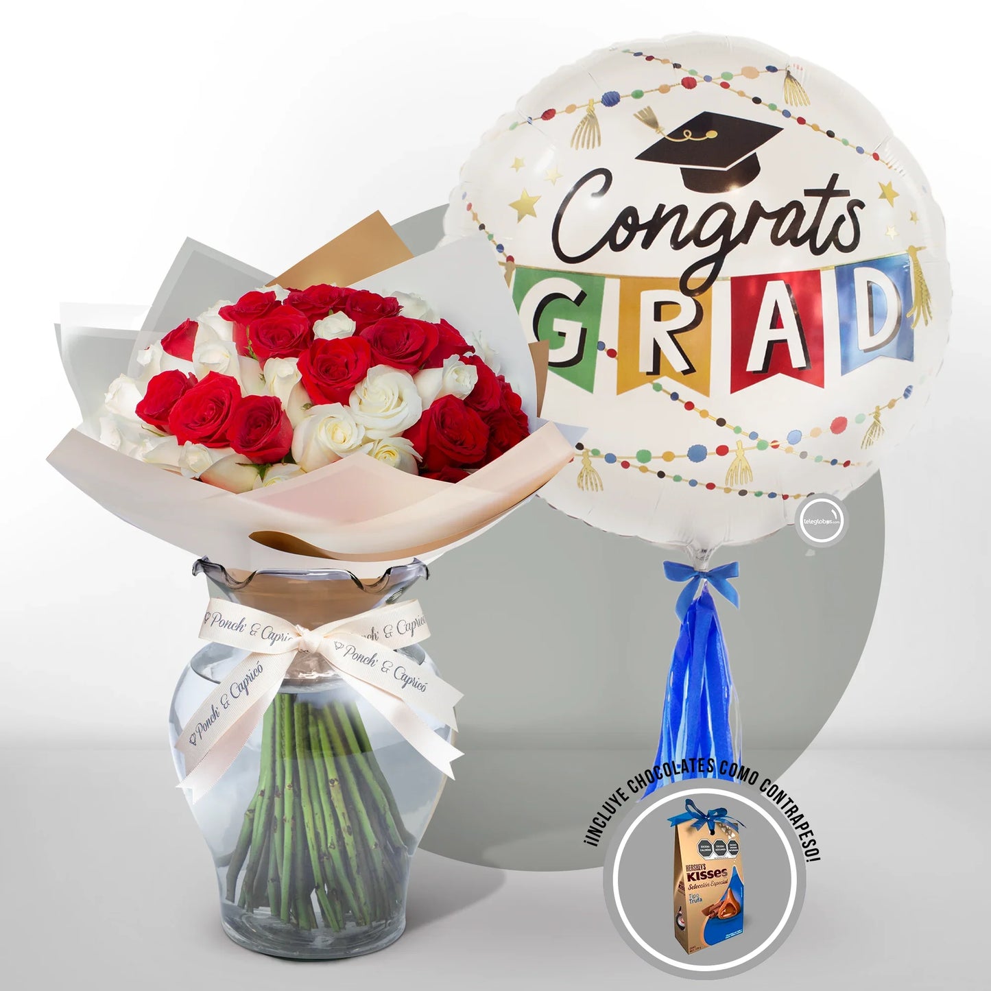 Ramo de 50 Rosas Rojas y Blancas + Globo Gigante Congrats Grad -SET131-