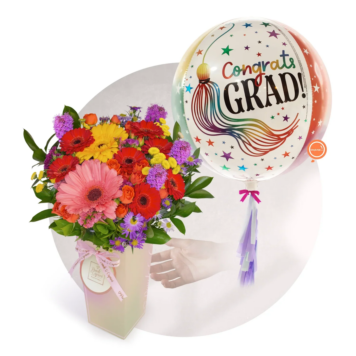 Ramo de Gerberas y Mini Rosas Naranja con Globo Gigante de Graduación -SET161-
