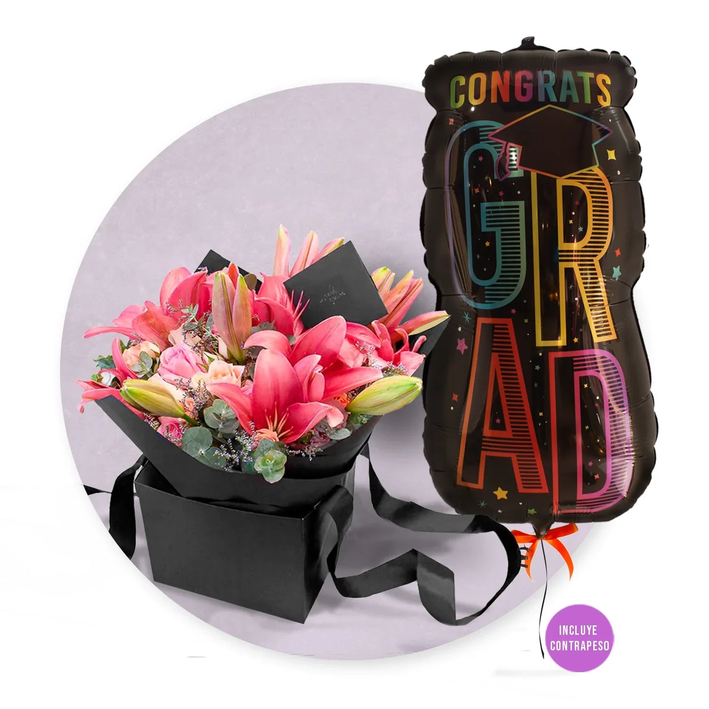 Ramo de Lirios, Rosas y Mini Rosas + Globo Gigante de Graduación -SET125-