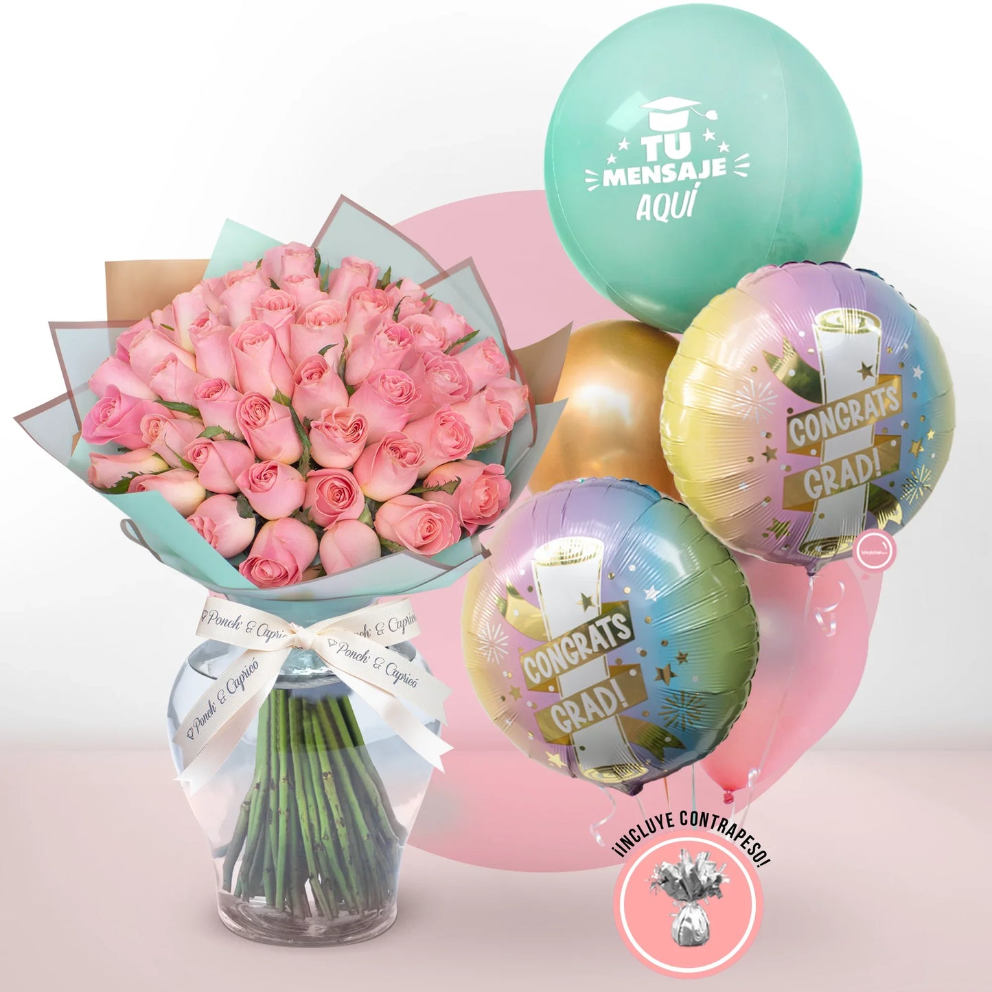 Ramo de 50 Rosas Rosadas + Bunch de Globos para Graduación -SET155-