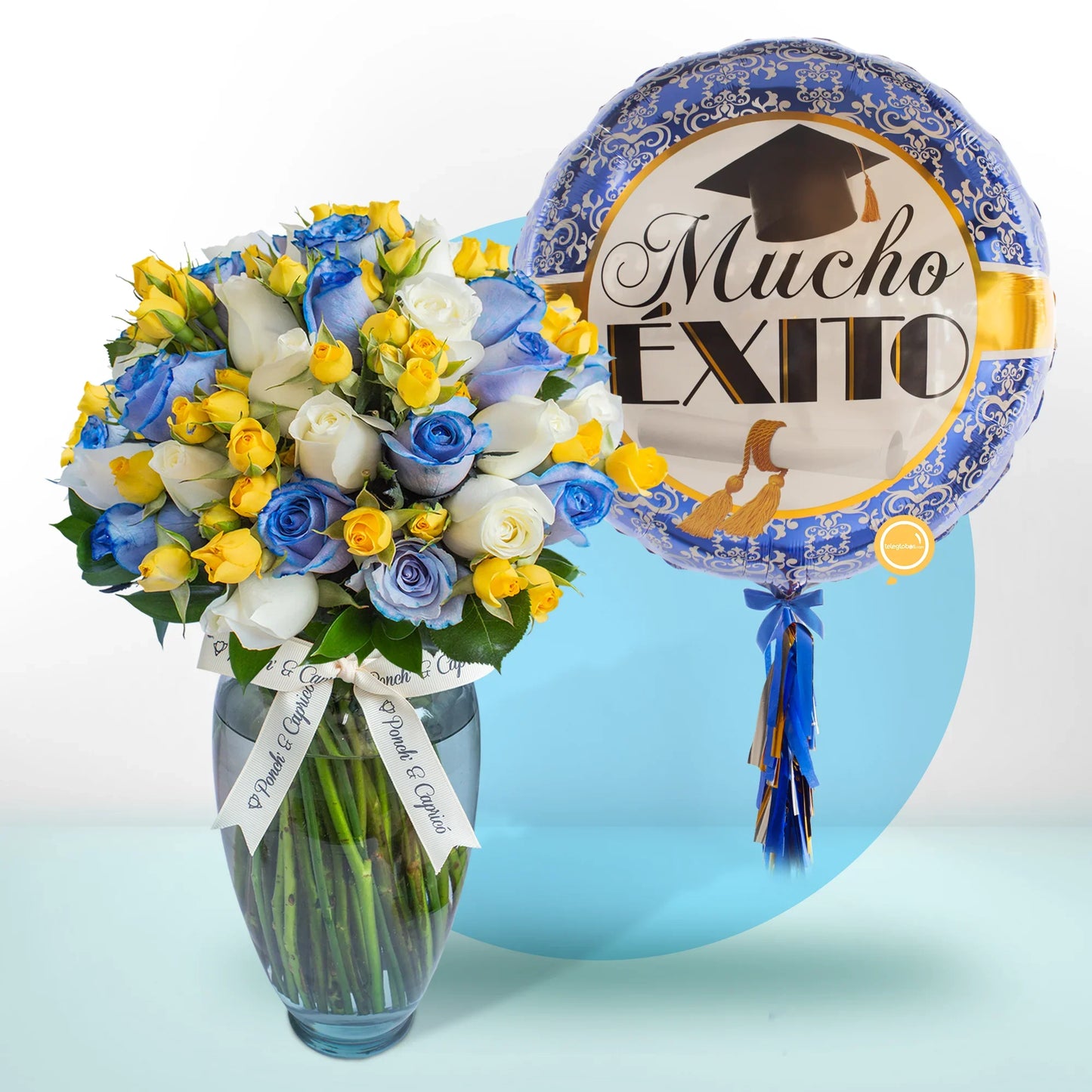 Ramo de Rosas Azules, Blancas y Mini Rosas Amarillas con Globo Gigante de Graduación -SET159-