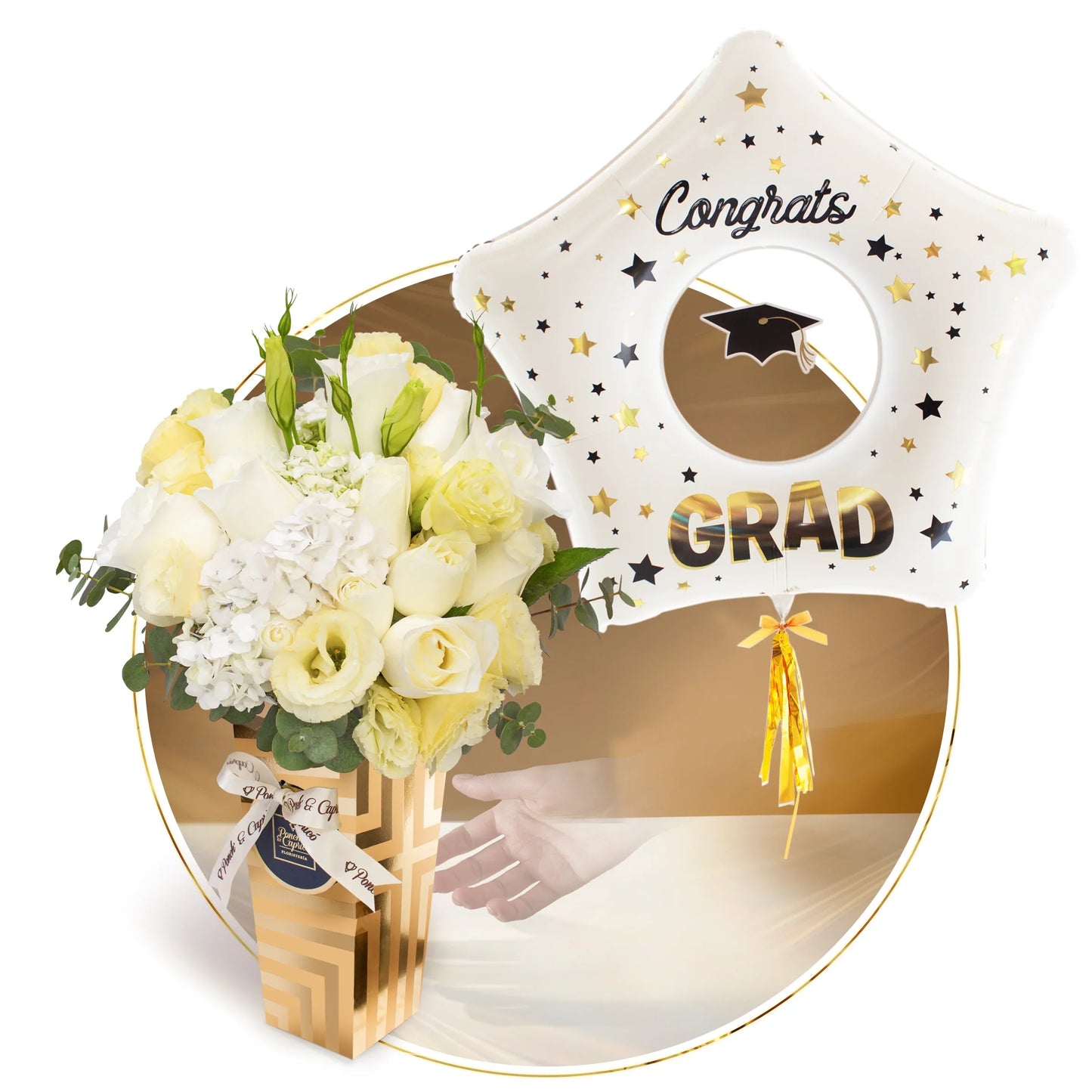 Ramo de Rosas Blancas, Hortensias y Lisianthus + Globo Estrella de Graduación -SET133-
