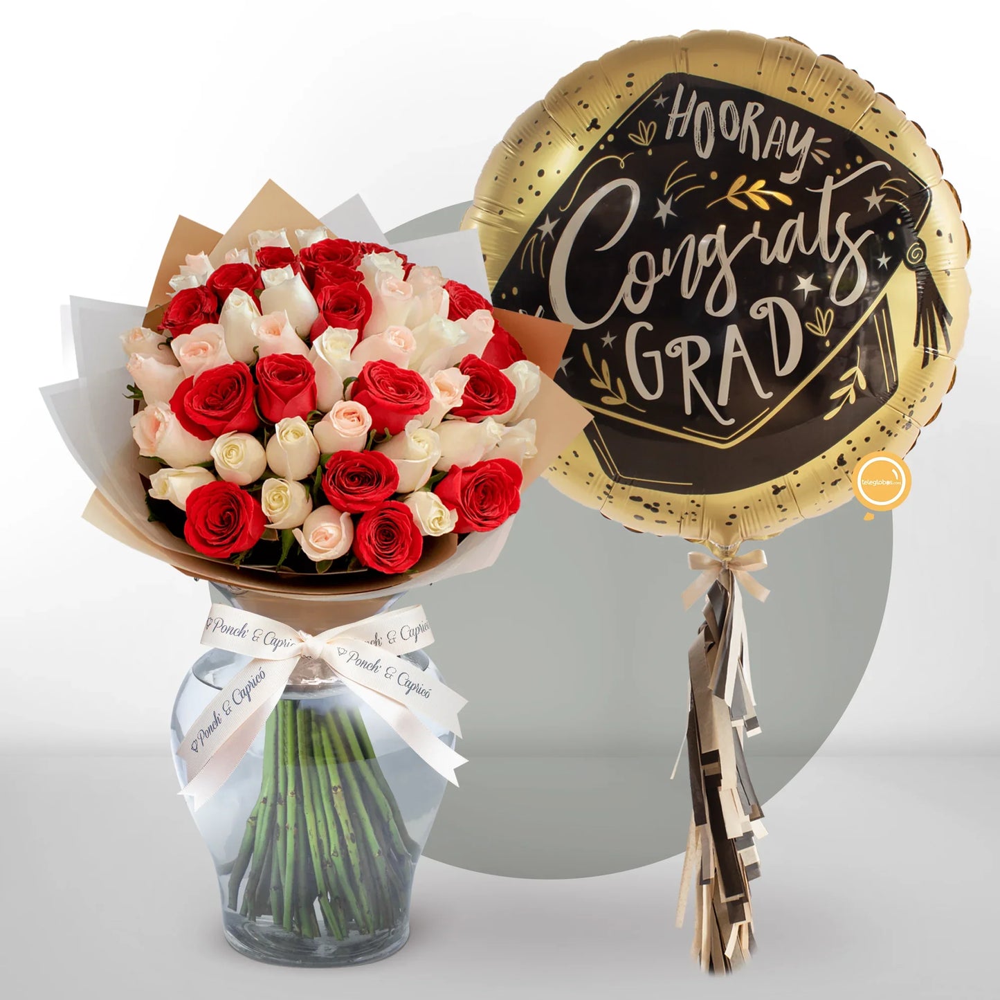 Ramo de Rosas Rojas, Beige y Crema con Globo Gigante de Graduación -SET162-