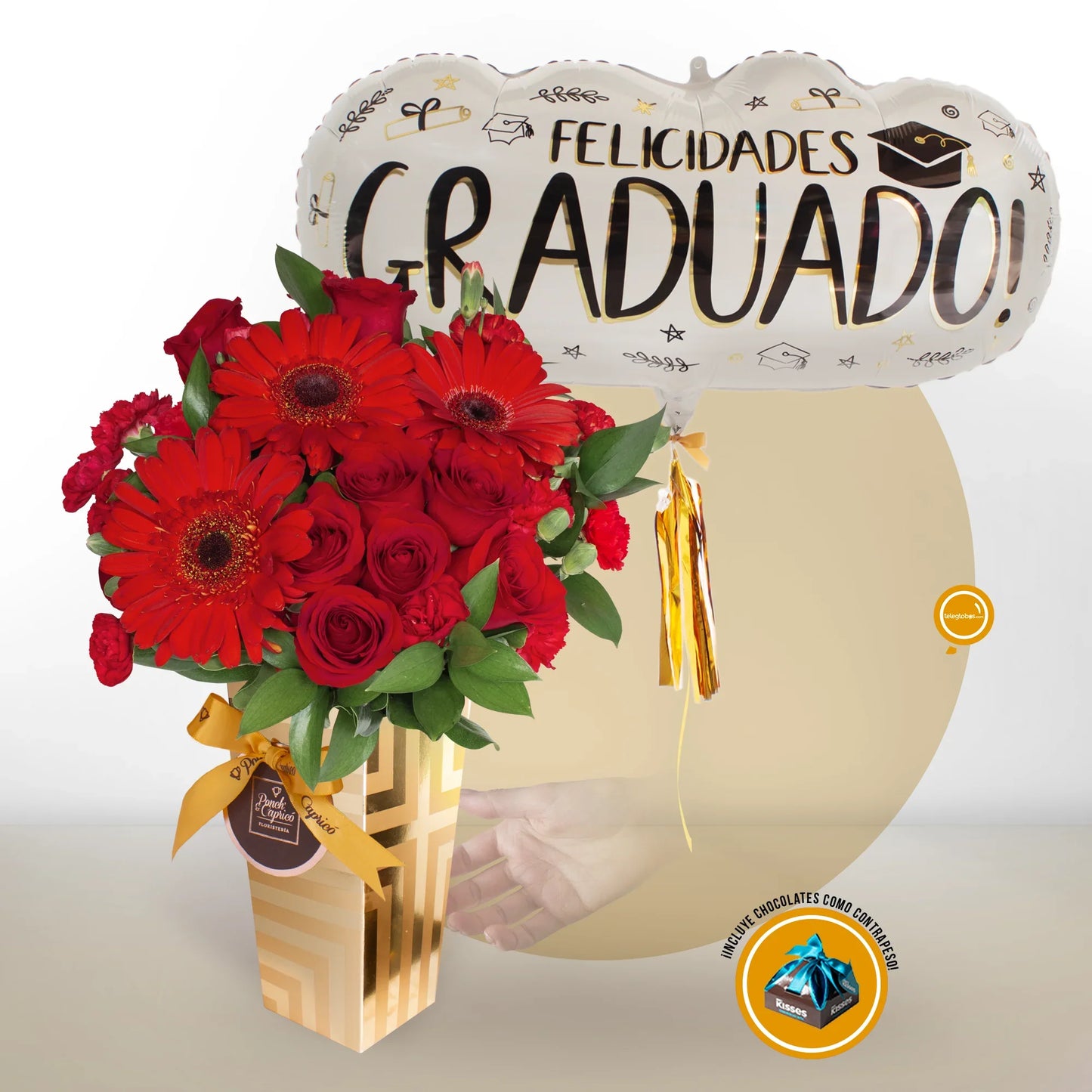 Ramo de Rosas Rojas y Gerberas + Globo Gigante de Felicidades Graduado -SET130-