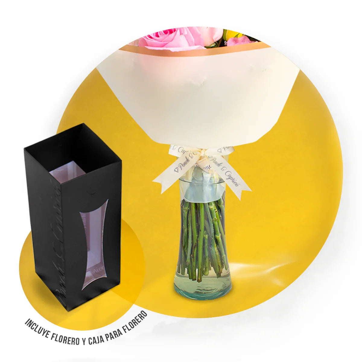 粉红玫瑰、黄色迷你玫瑰和粉红 Pecoté Lisianthus 花束 -PRAM059-