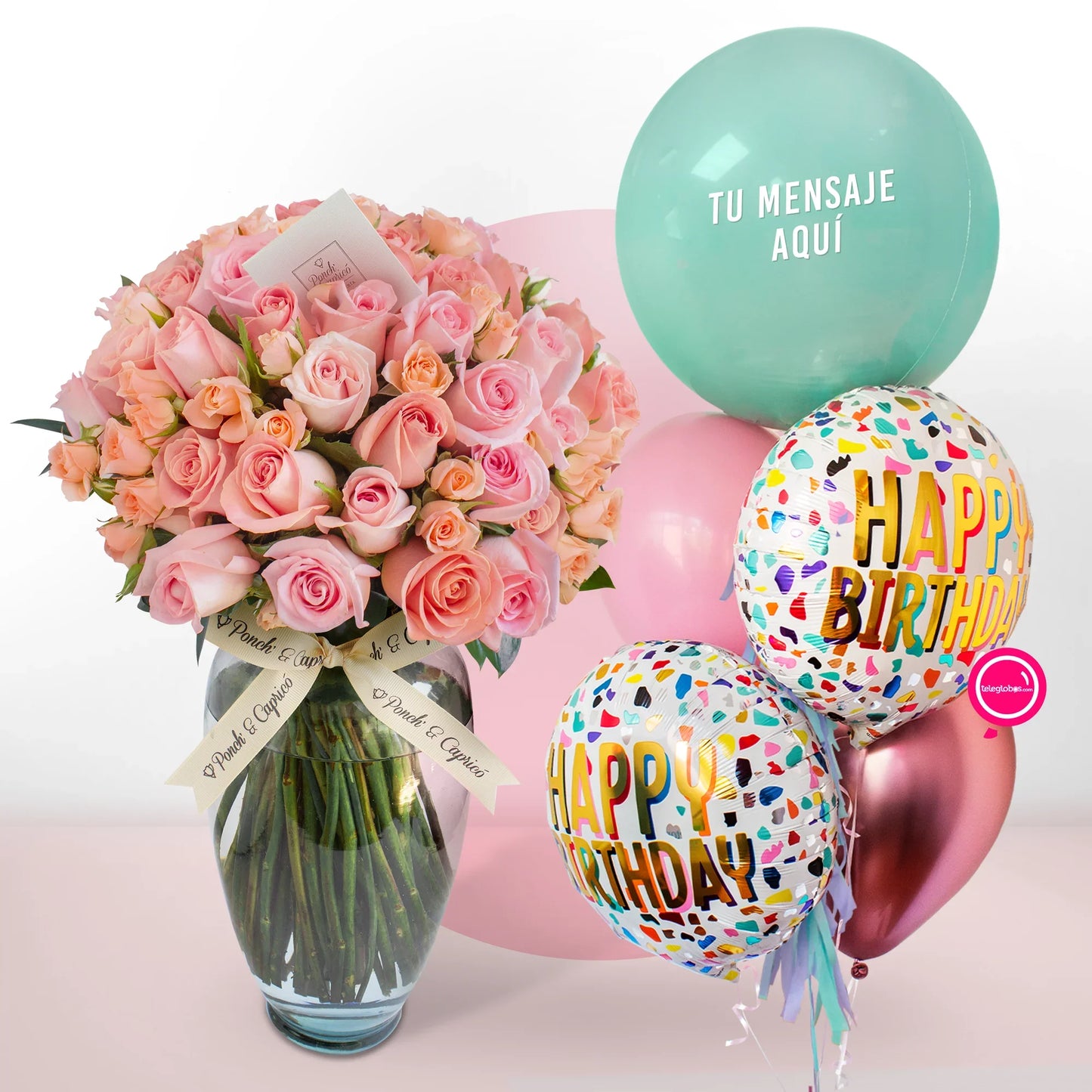 Ramo de Rosas Rosas Mix (Hermosas, Caricia y Mini Señorita) + Bouquet de Globos Inflados con Helio -SET100-