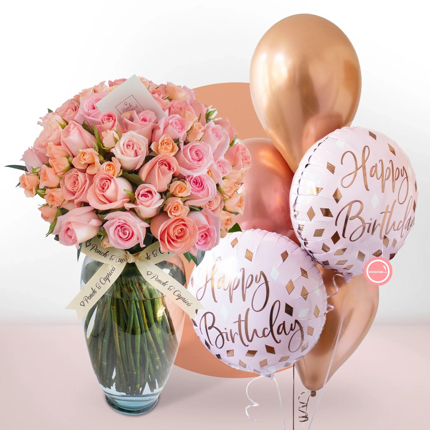Ramo de Rosas Rosas Mix (Hermosas, Caricia y Mini Señorita) + Bouquet de Globos Inflados con Helio -SET100-