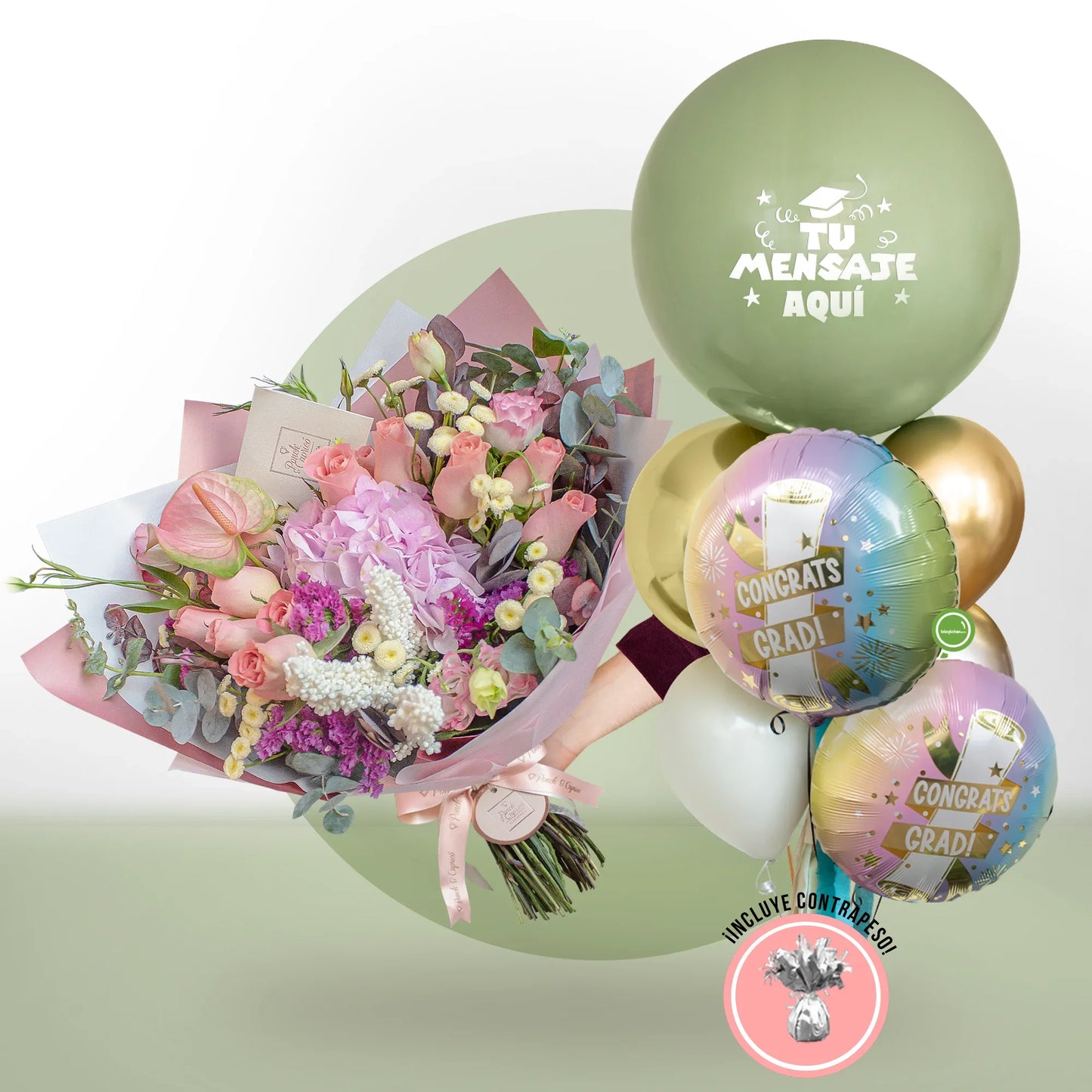 Ramo de Rosas, Anturio y Lisianthus + Bunch de Globos para Graduación -SET154-