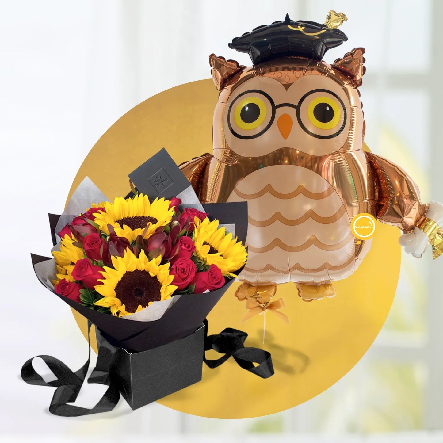 Ramo de Rosas con Girasoles + Globo Gigante de Graduación -SET124-