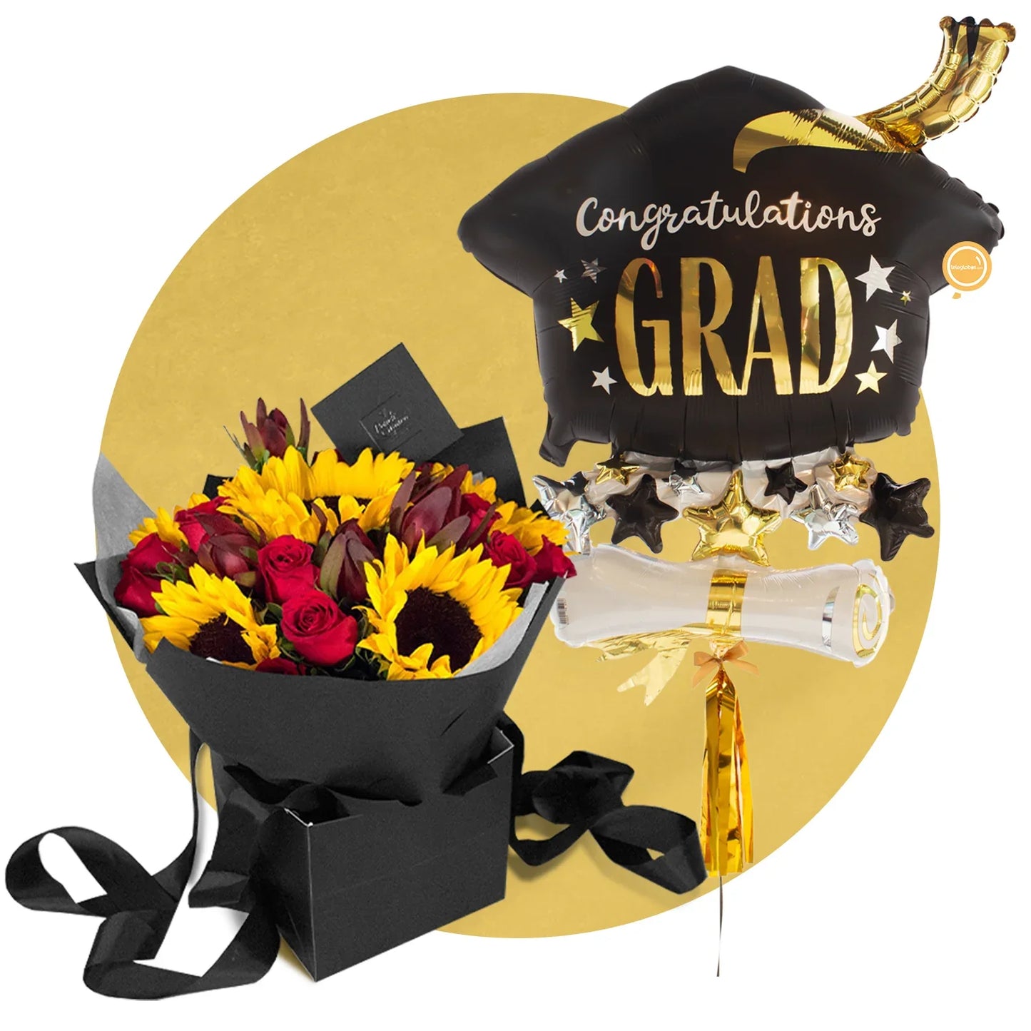 Ramo de Rosas con Girasoles y Safari + Globo Gigante de Graduación -SET157-