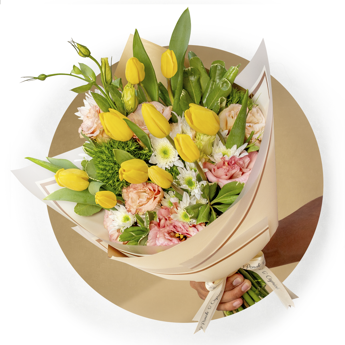 Ramo de Tulipanes Amarillos, Lisianthus Durazno y Yoko Blanco -PRAM058-