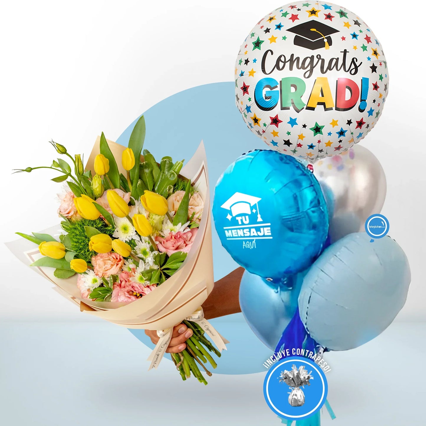 Ramo de Tulipanes Amarillos, Lisianthus Durazno y Yoko Blanco + Bunch de Globos para Graduación - SET110