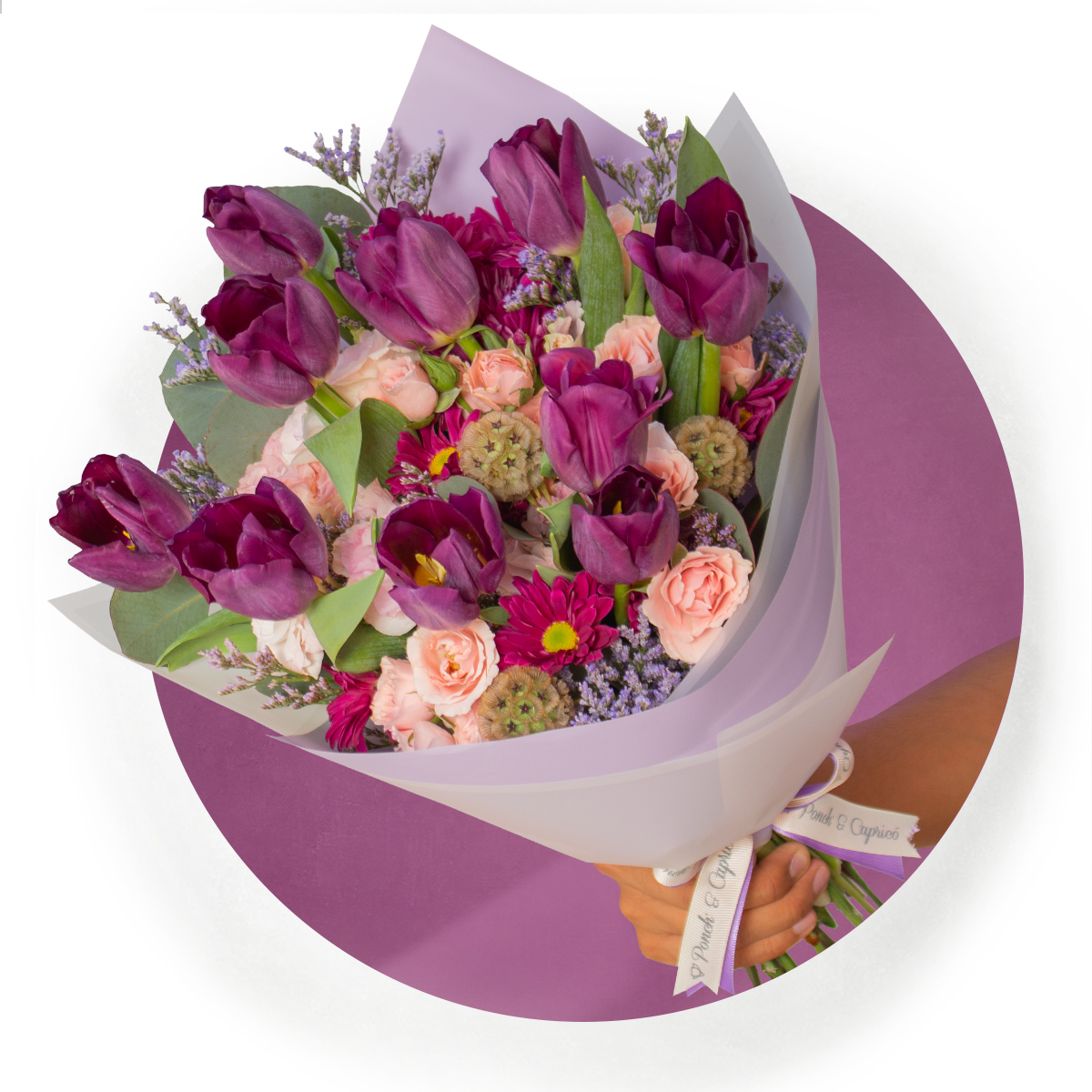 Ramo de Tulipanes Morados, Mini Rosas Caricia y Lisianthus Místico -PRAM056-