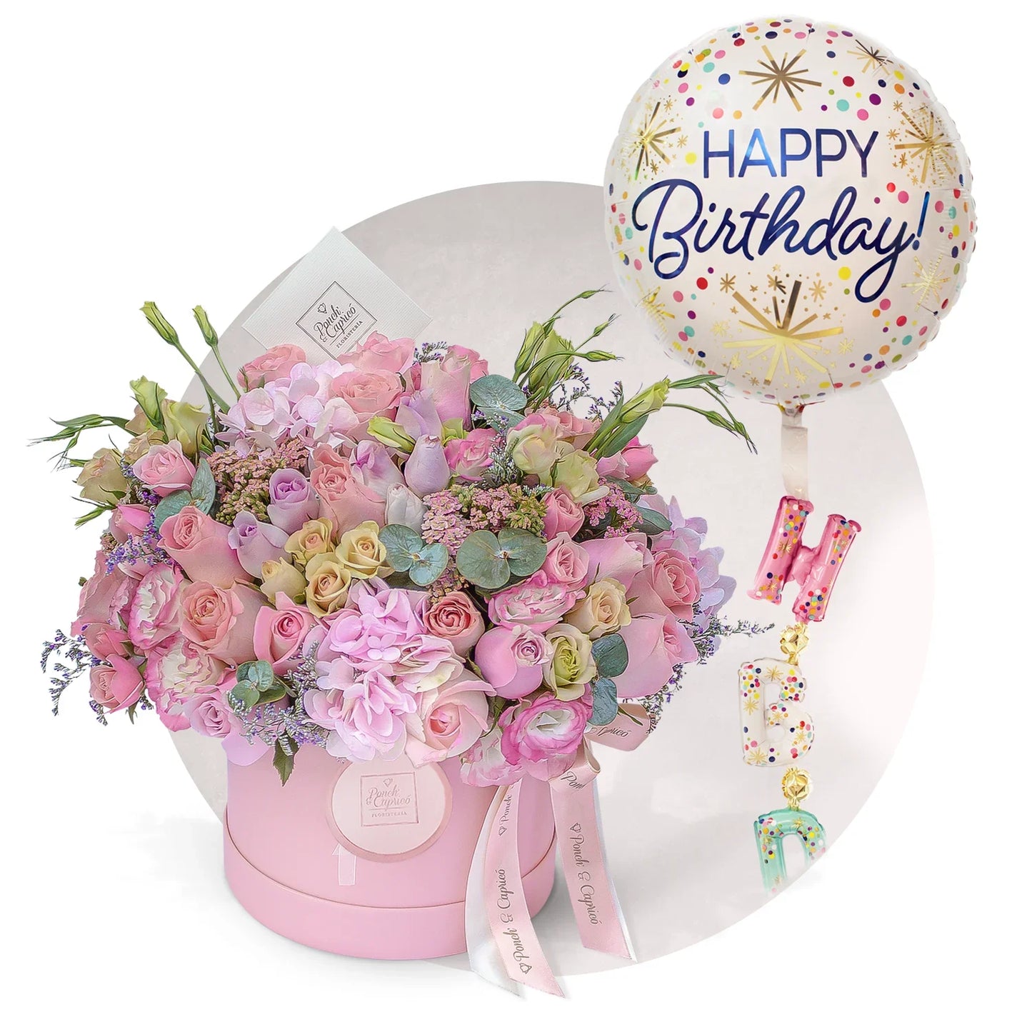 Arreglo floral de Rosas Mix, Lisianthus Pecoté y Mini Rosas en Caja -Domo Rosado-