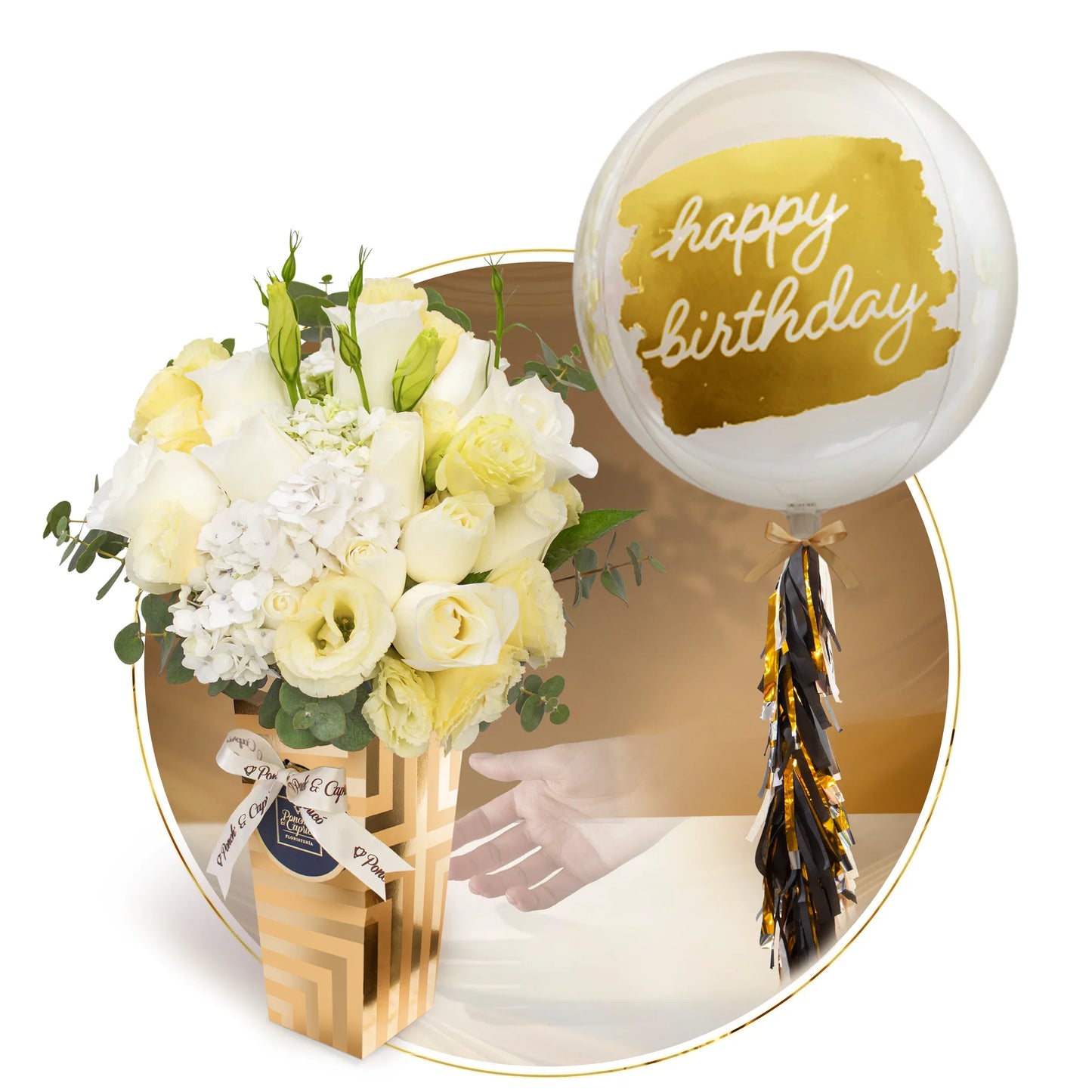 Arreglo Floral de Rosas Blancas, Hortensias y Lisianthus -LUX001-