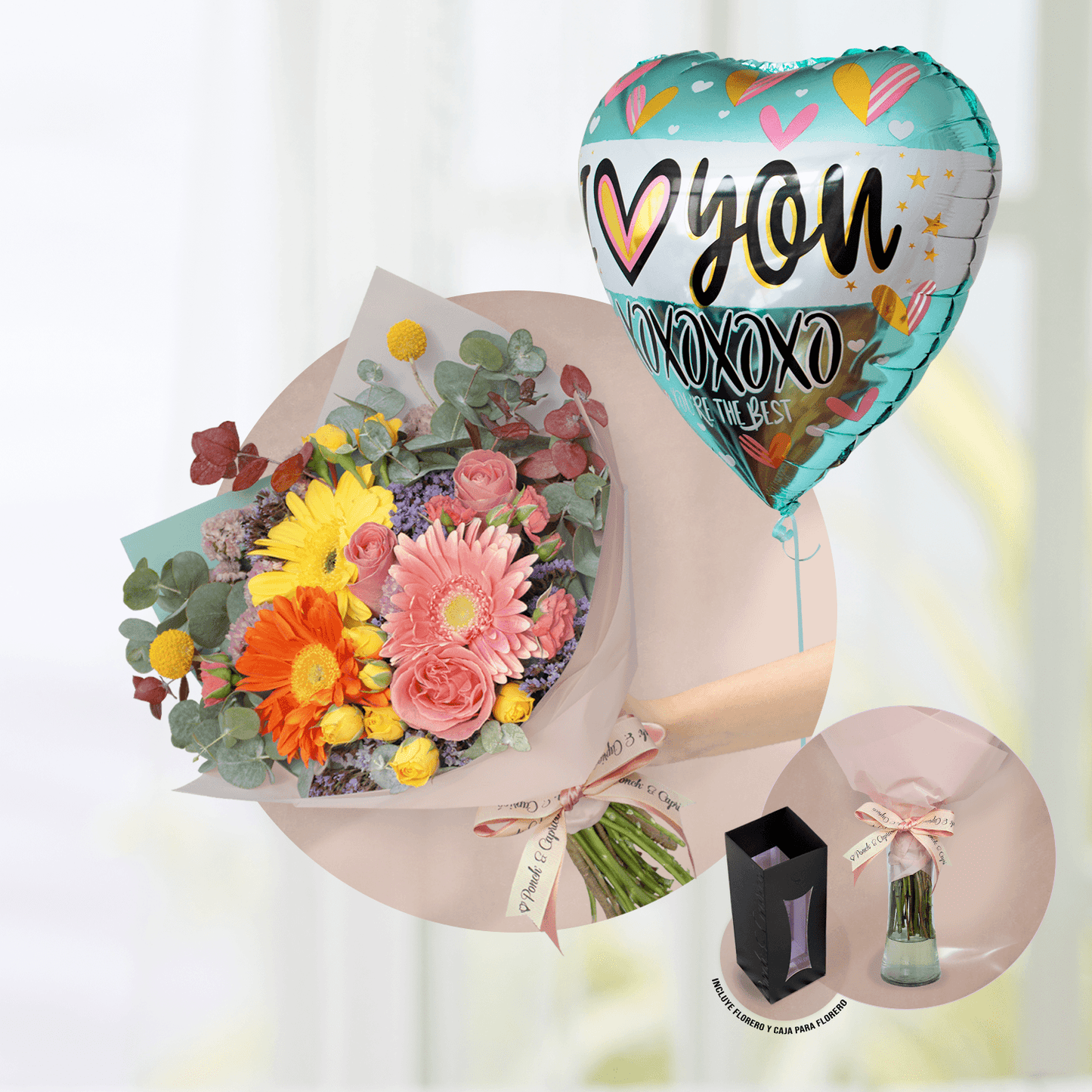 Ramillete de Gerberas Mix, Rosas Hermosas, Eucalipto Rosado y Mini Rosas + Globo I Love You de 18" Inflado con Helio -SET076-