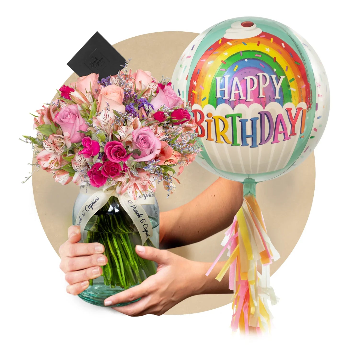 Floral arrangement of Roses mix, pink and foam alstromelia -gi017-