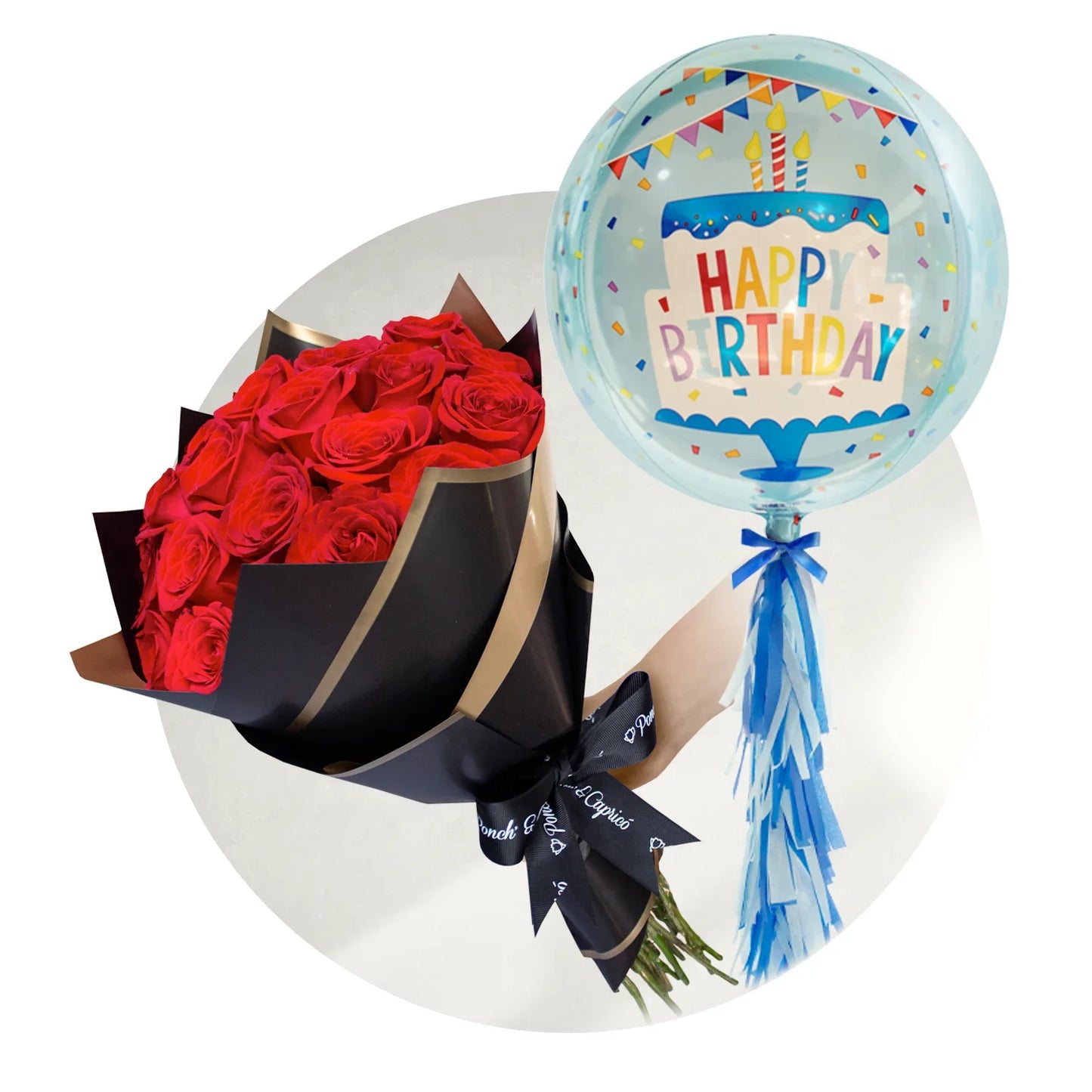 Ramo de 24 Rosas Rojas con Globo Orbz de Happy Birthday | SET148